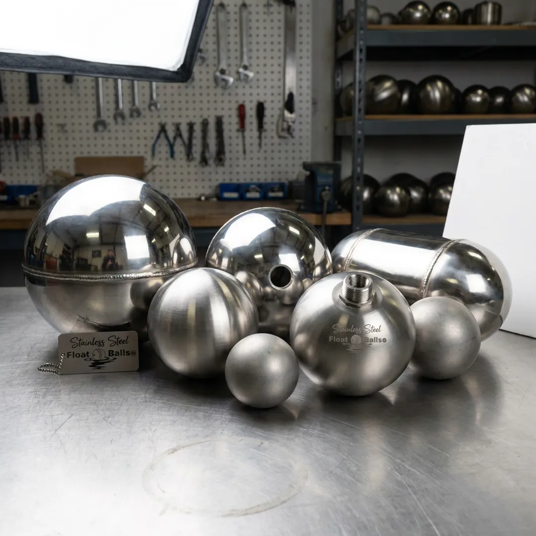 Polished and brushed stainless steel float balls with fittings