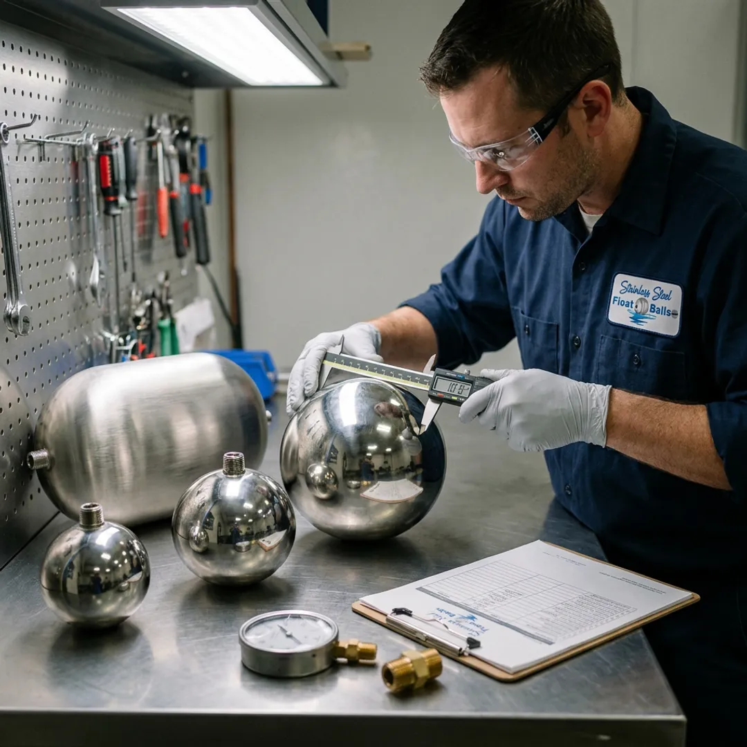 Technician inspecting stainless steel float balls