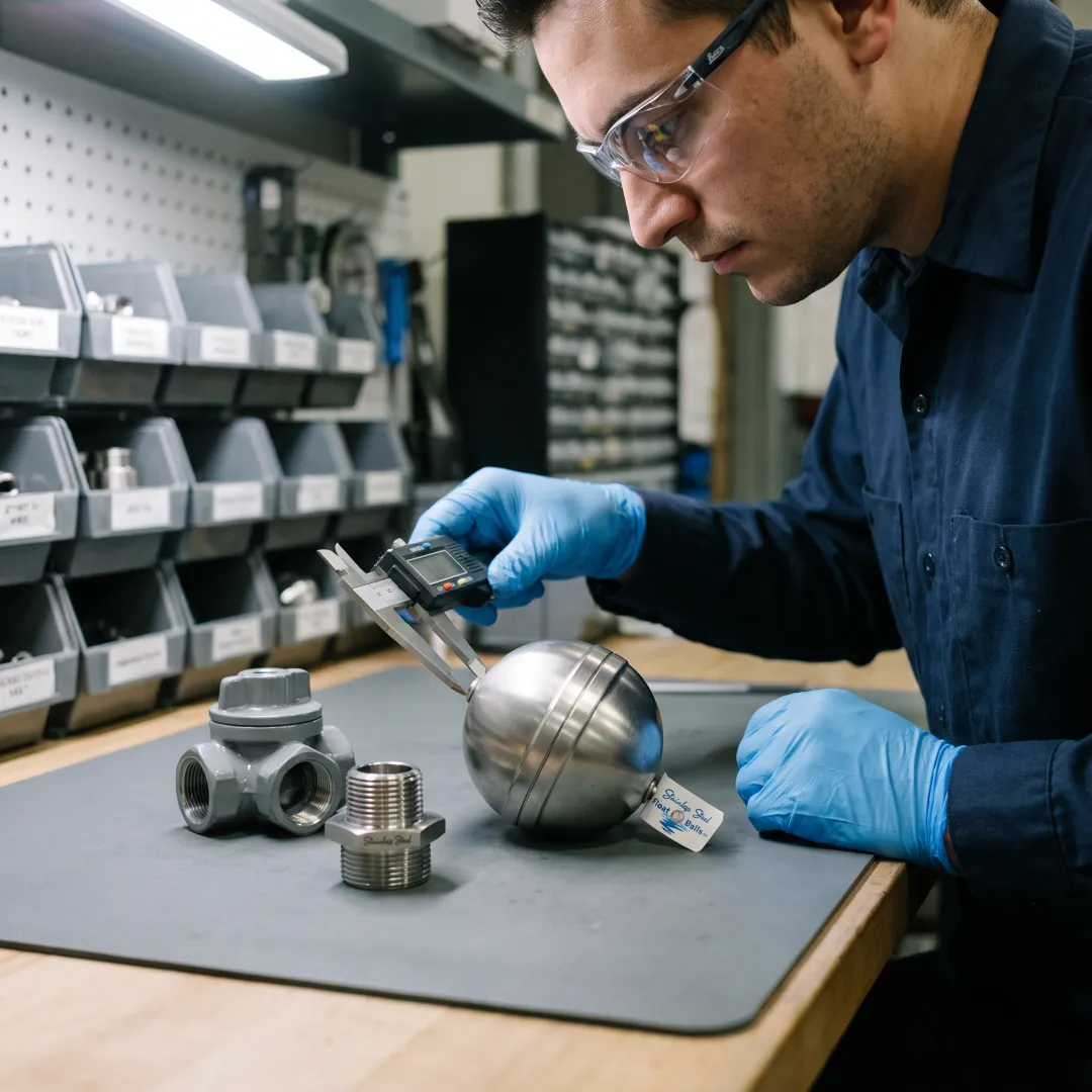 Technician inspecting a stainless steel float ball valve component