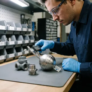 Technician inspecting a stainless steel float ball valve component