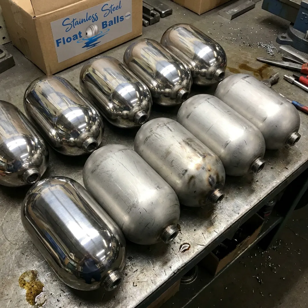 Oblong stainless steel floats with fittings
