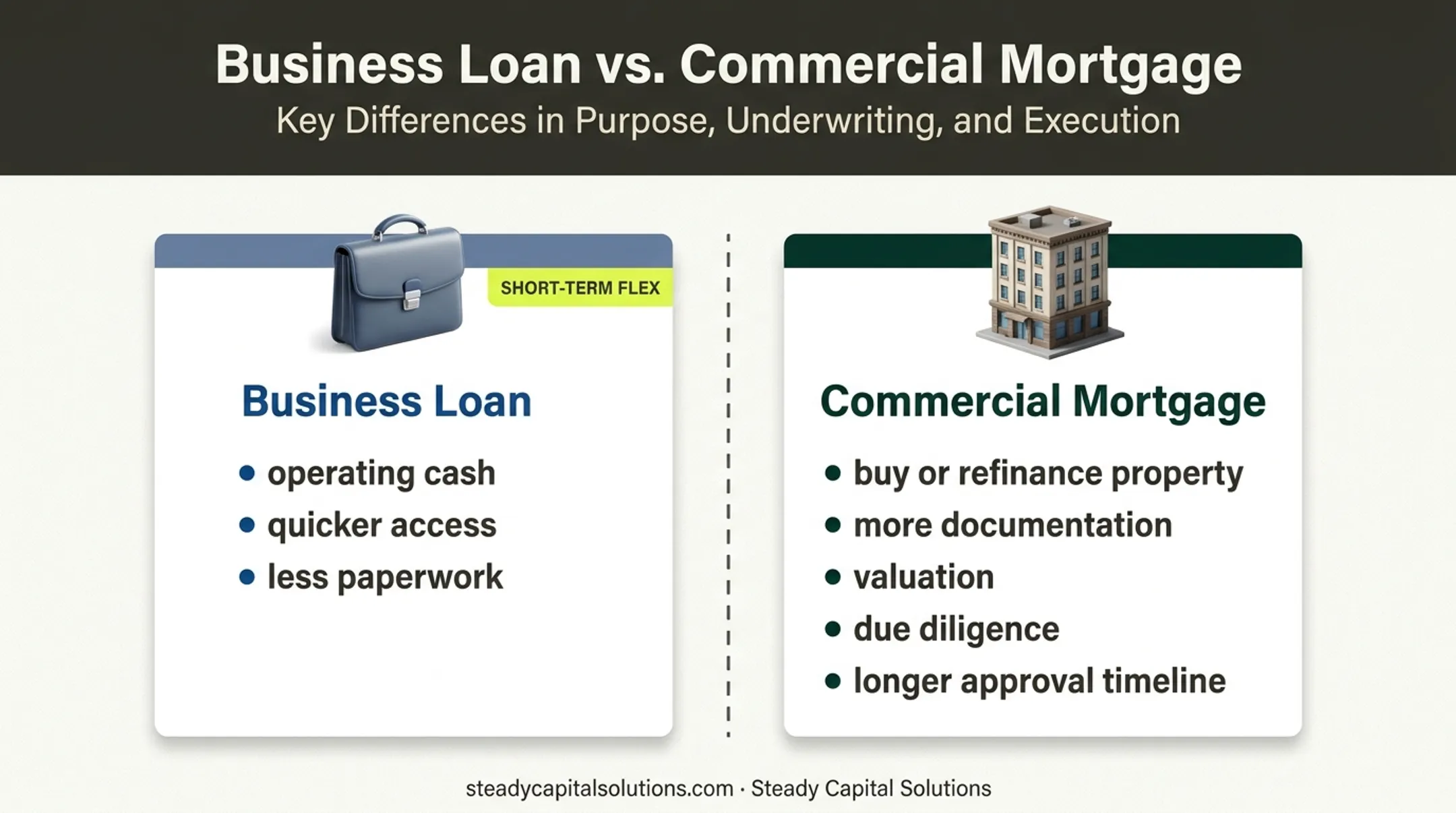 Business loan versus commercial mortgage decision factors and approval timelines