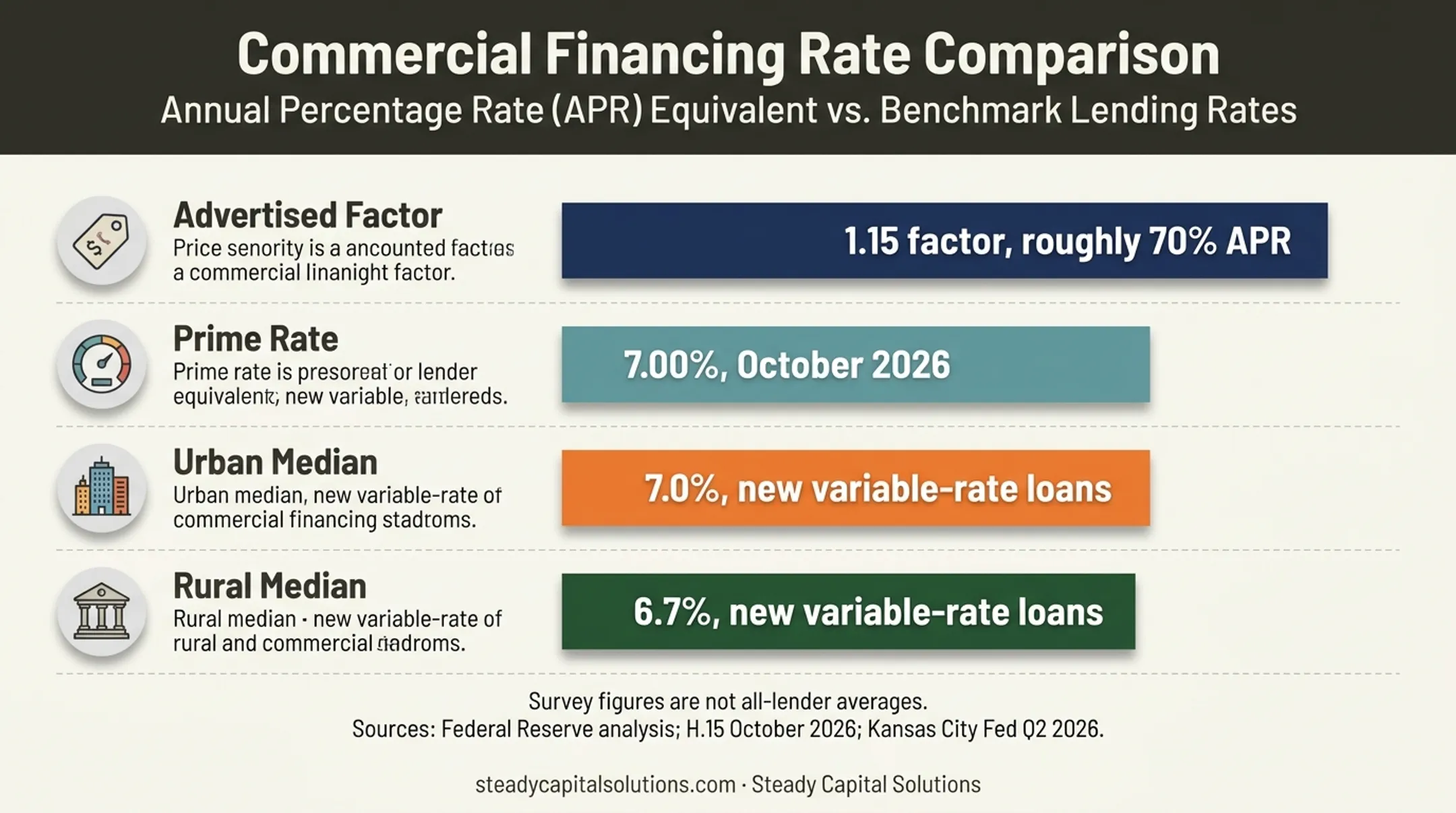 Business loan rate comparison showing factor rate APR and prime benchmarks