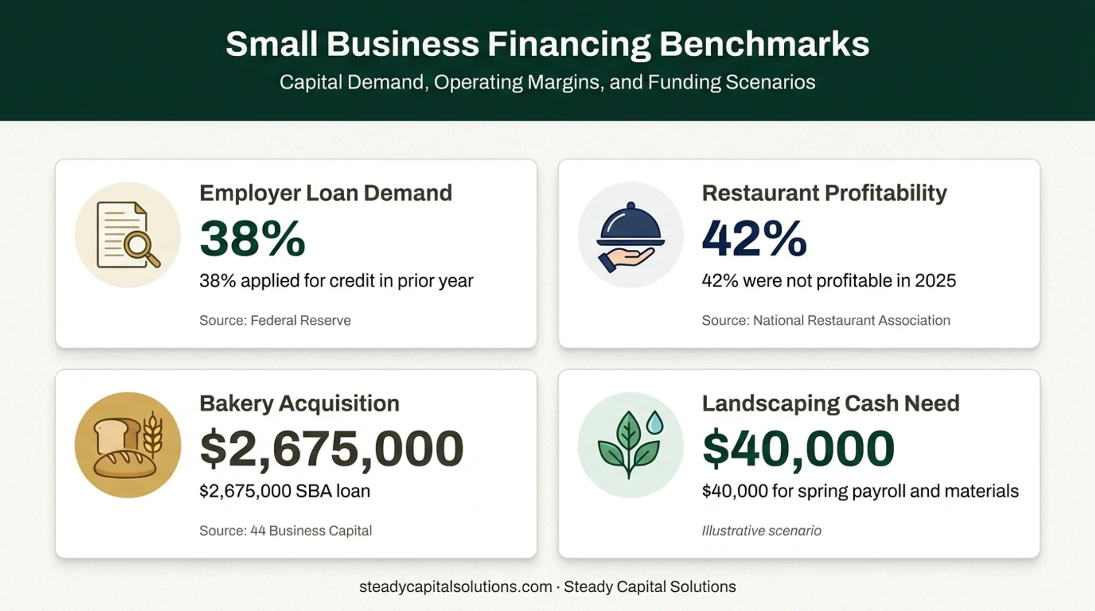 Business financing examples showing demand profitability acquisition and cash needs