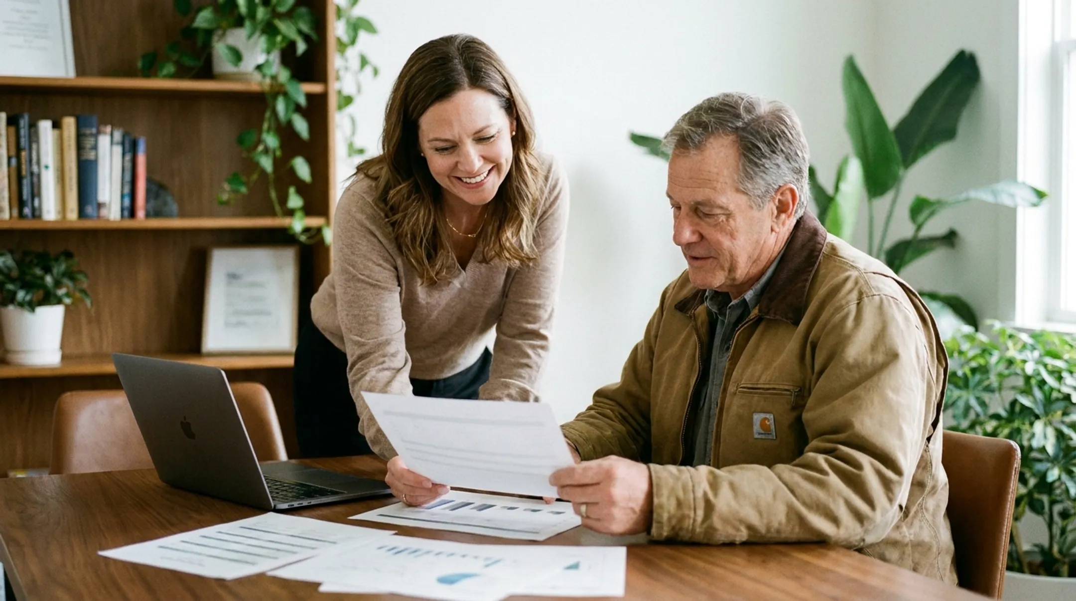 Financing specialist helping business owner review funding documents