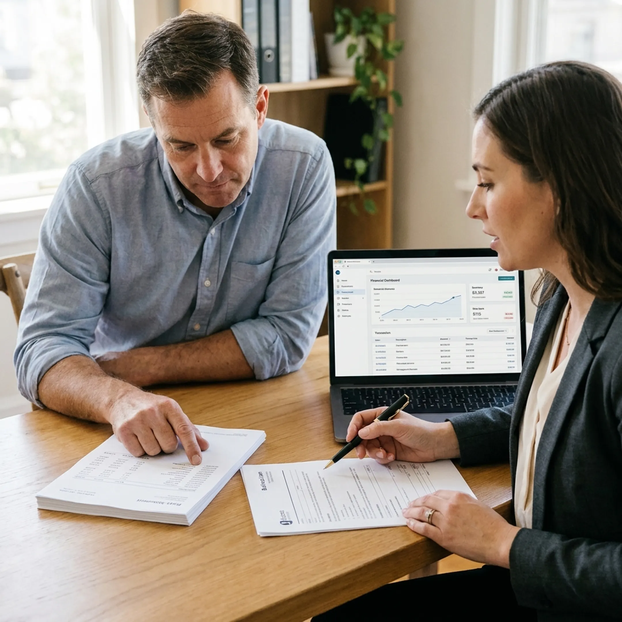 Business owner reviewing bank statements and financing documents with an advisor