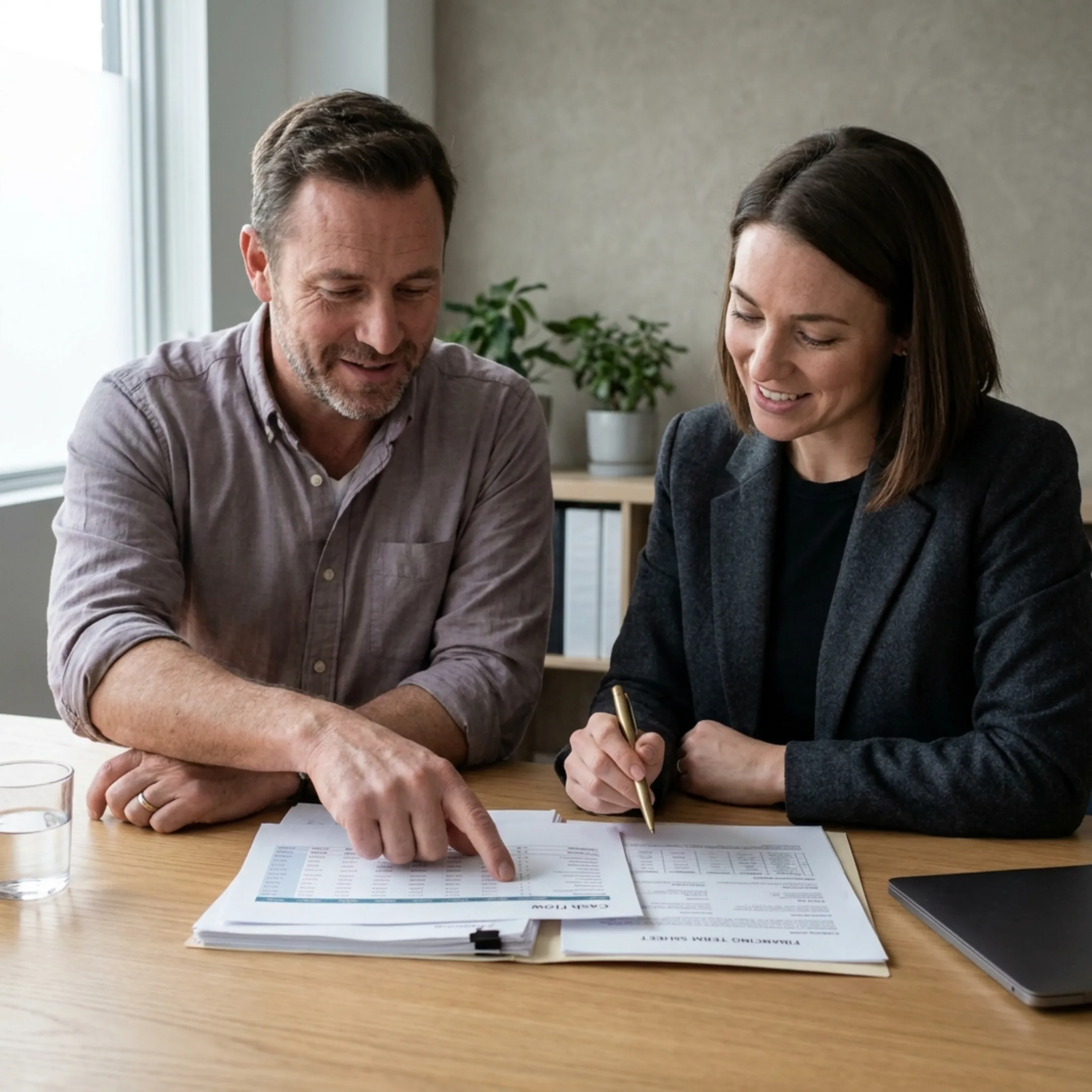 Business owner reviewing cash flow financing options with an advisor