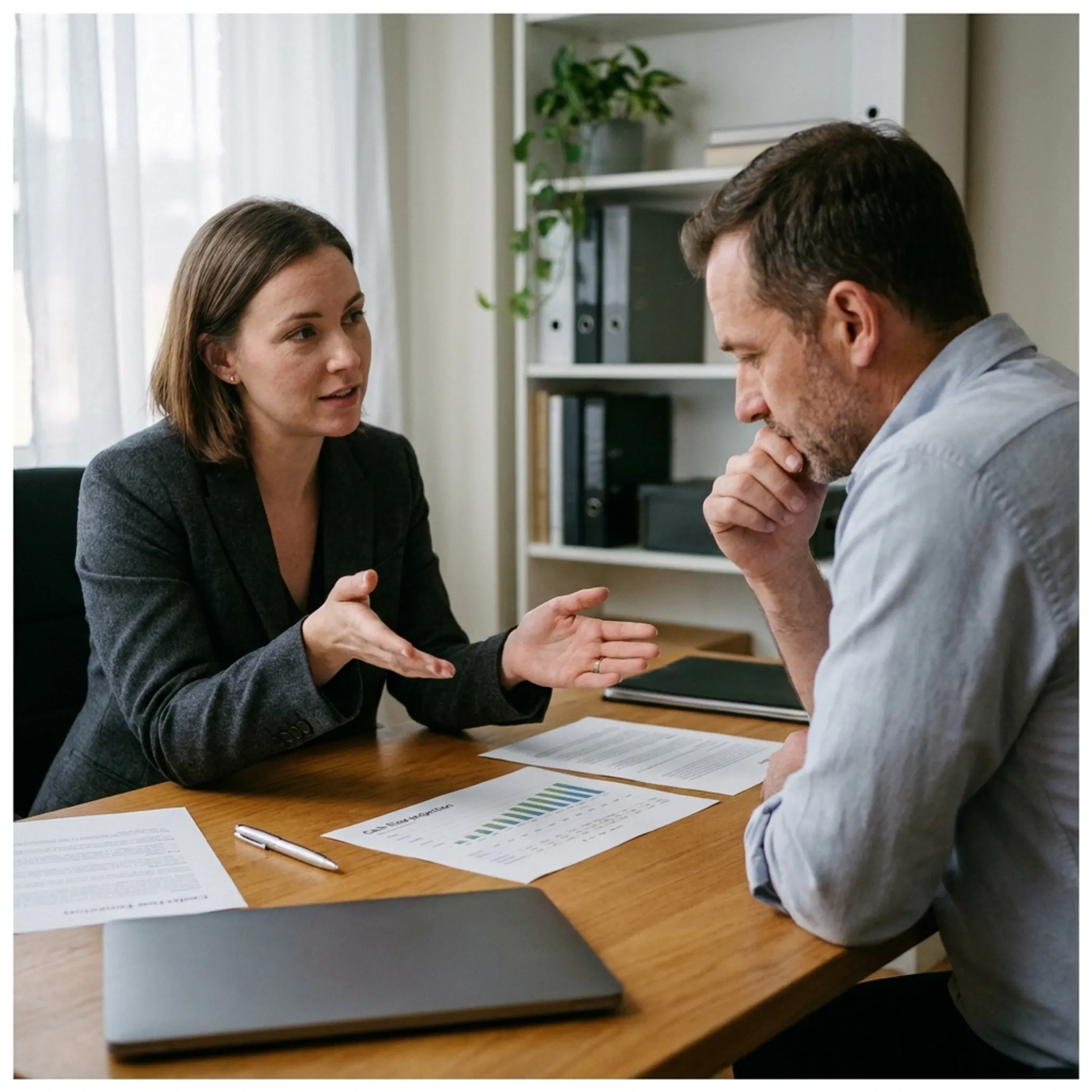 Advisor explaining business cash flow financing