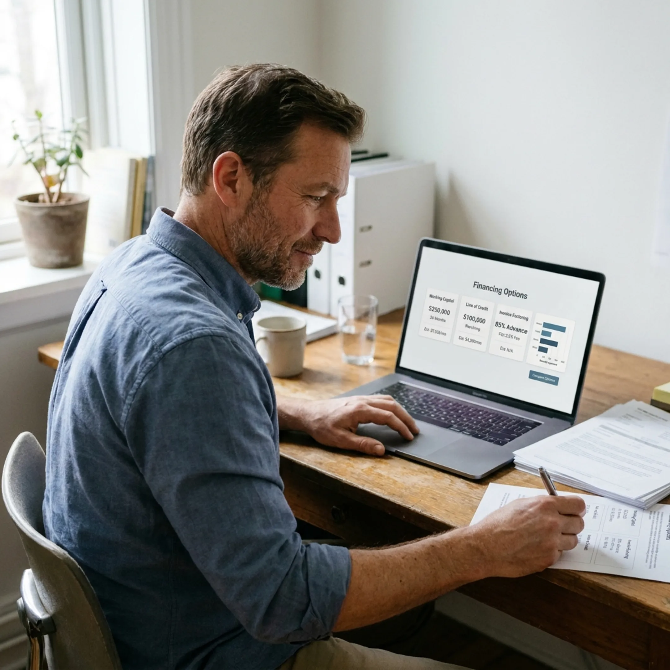 Business owner reviewing small business financing options online