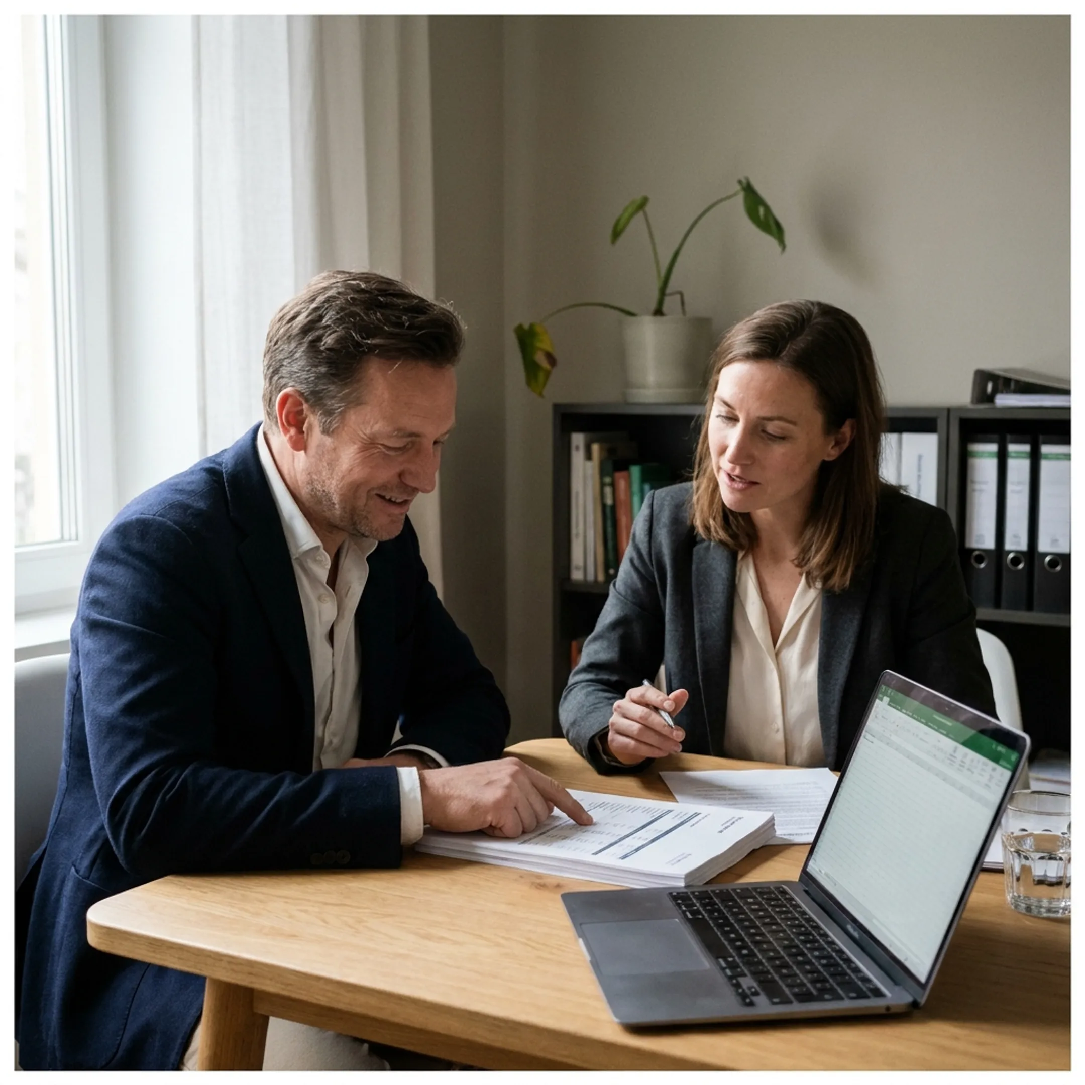 Business owner reviewing funding documents with advisor at a modern office desk