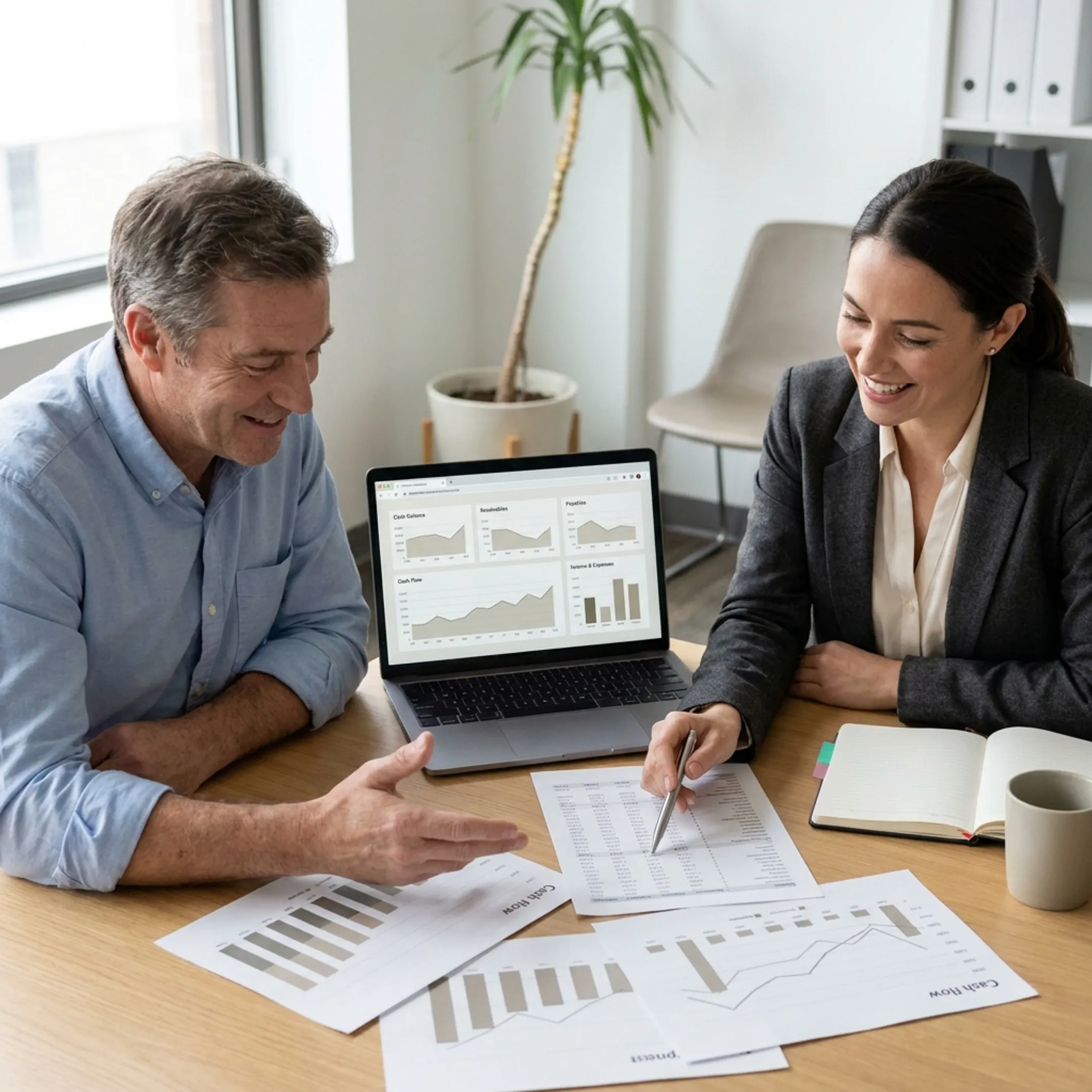 Business owner planning cash flow with funding specialist