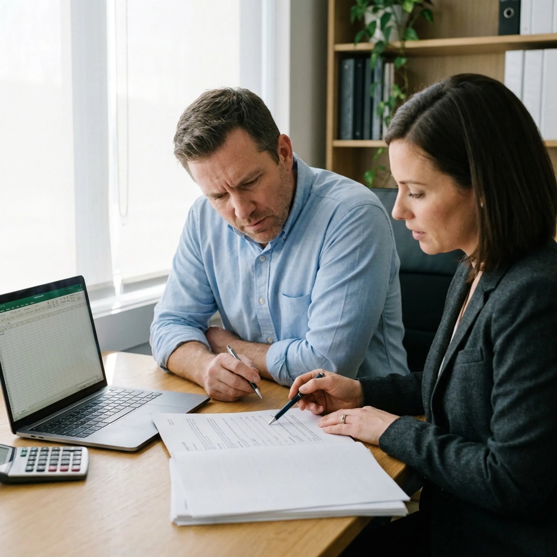 Business owner reviewing financing offers with an advisor at a desk