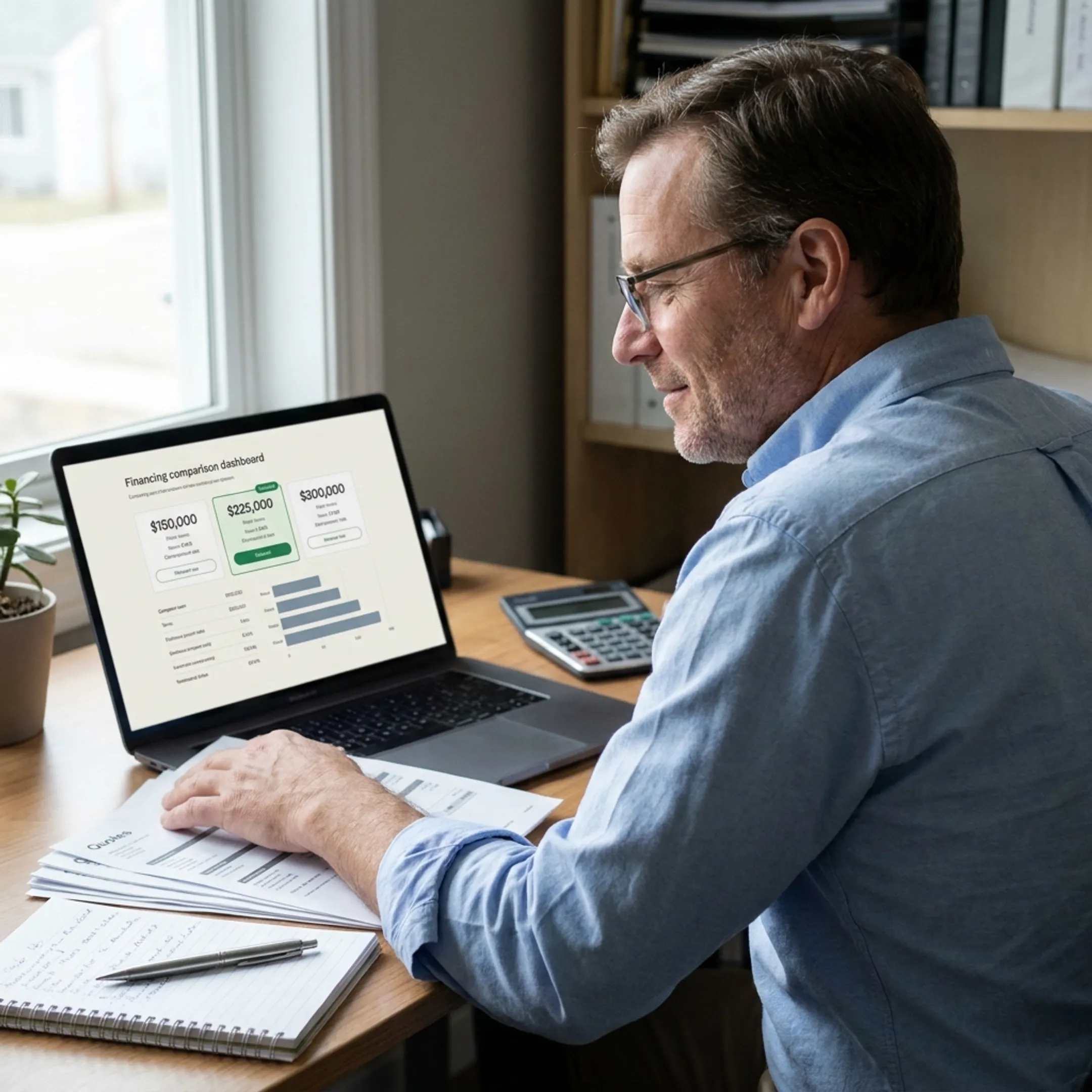 Business owner comparing loan quote details on a laptop