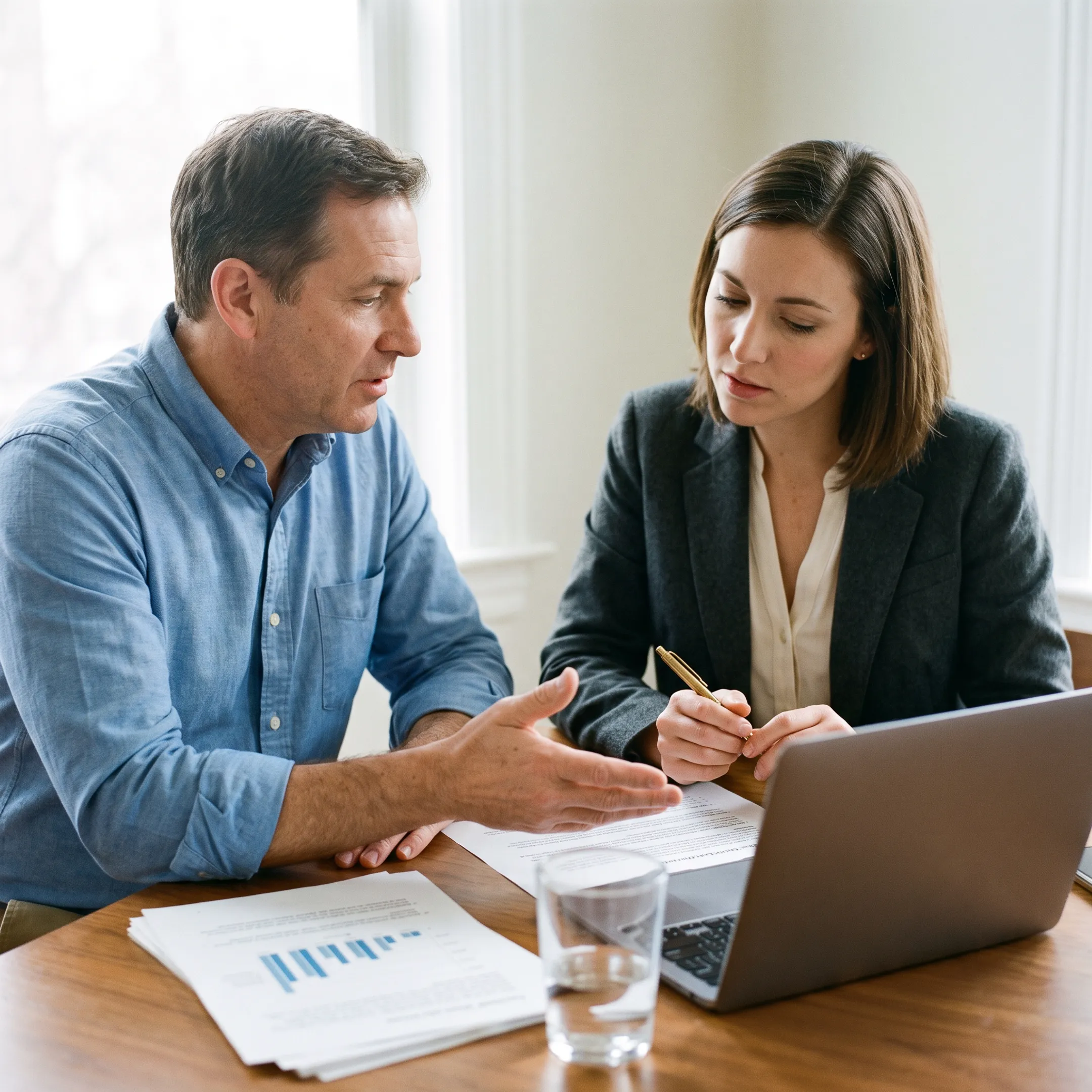Business owner discussing flexible commercial funding