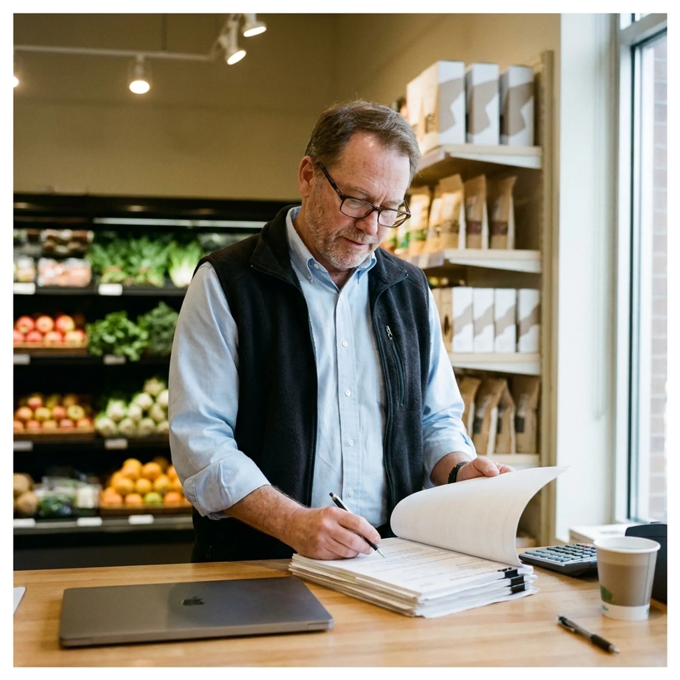 Grocery store manager reviewing working capital documents