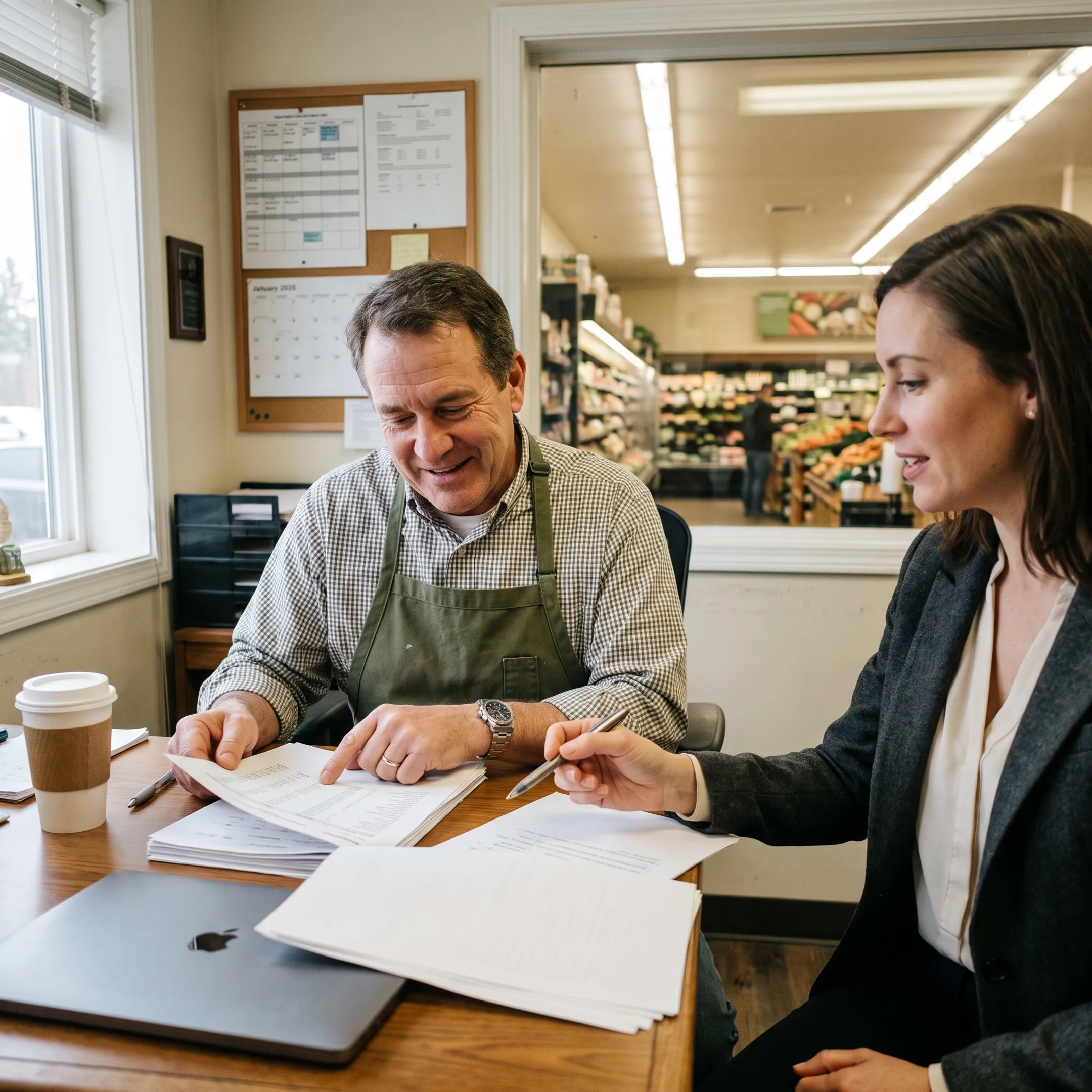 Grocery store owner reviewing business financing options with an advisor