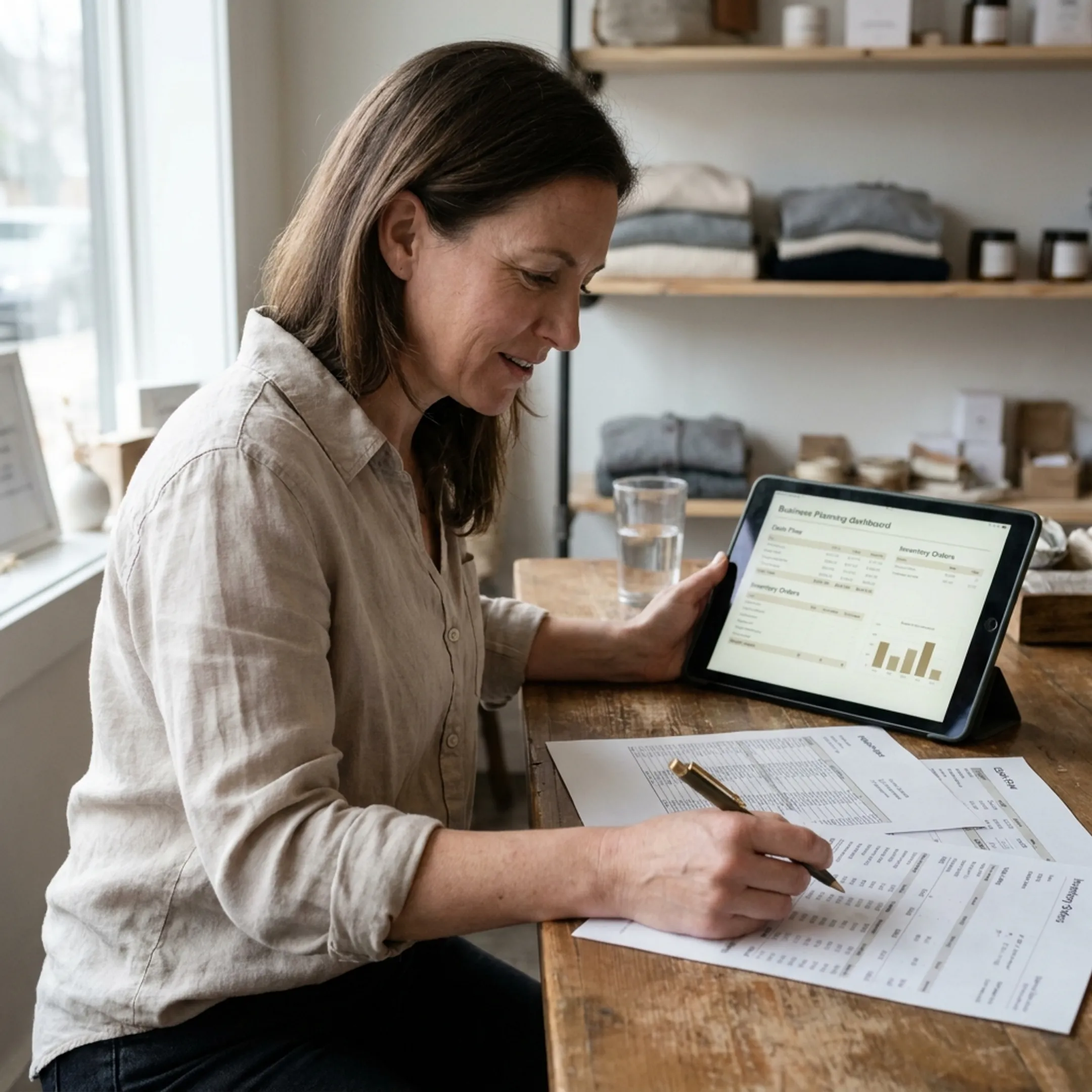 Retail owner planning inventory funding with financial documents
