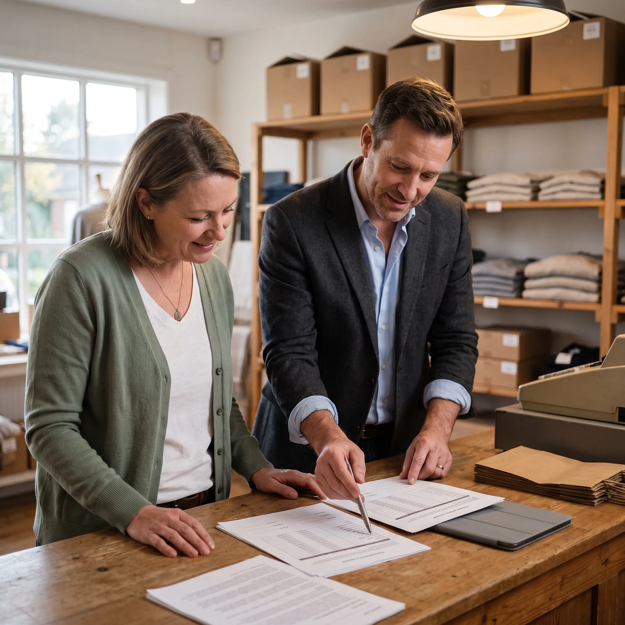 Retail business owner reviewing store financing options with a financial advisor