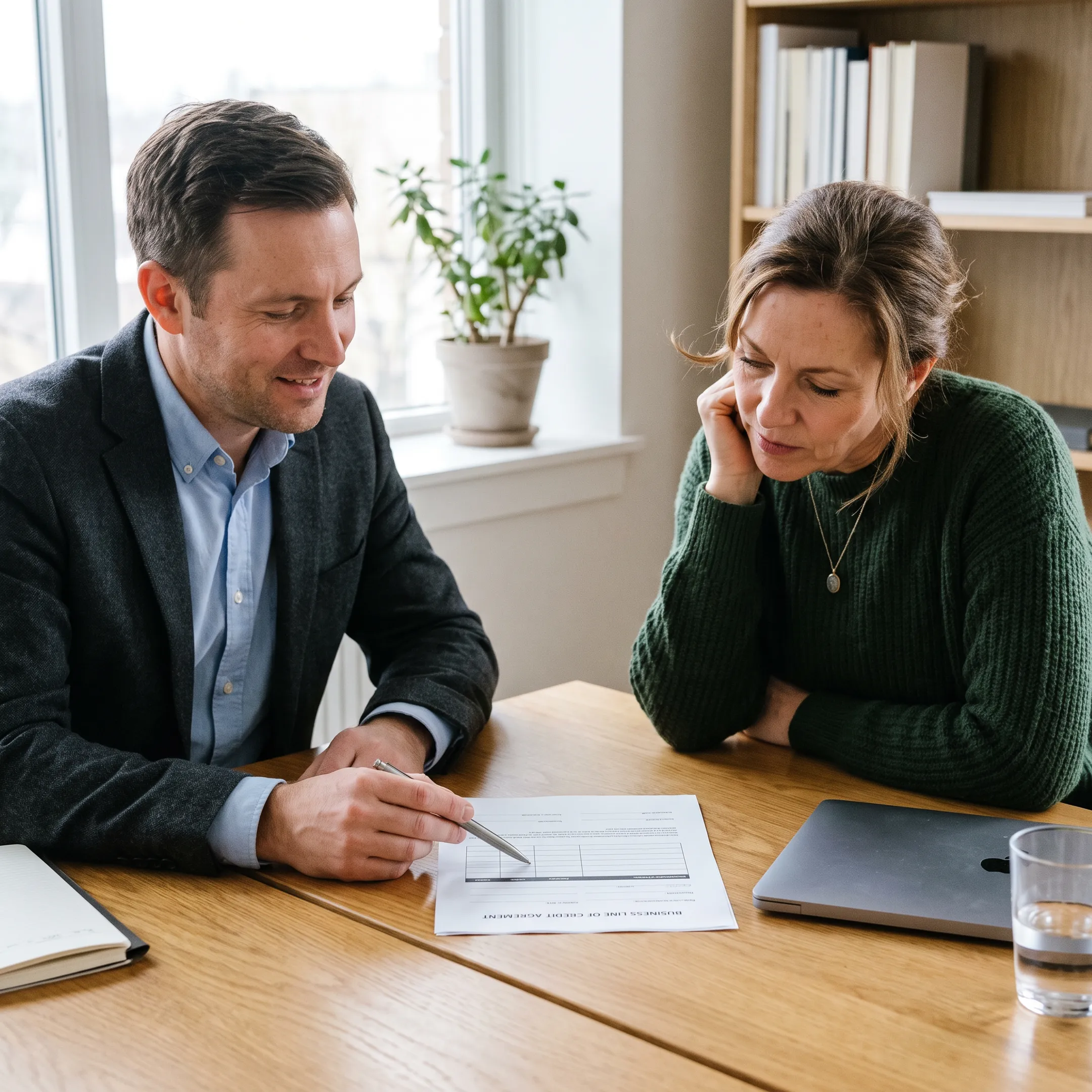 Business owner reviewing a flexible line of credit with a financial advisor