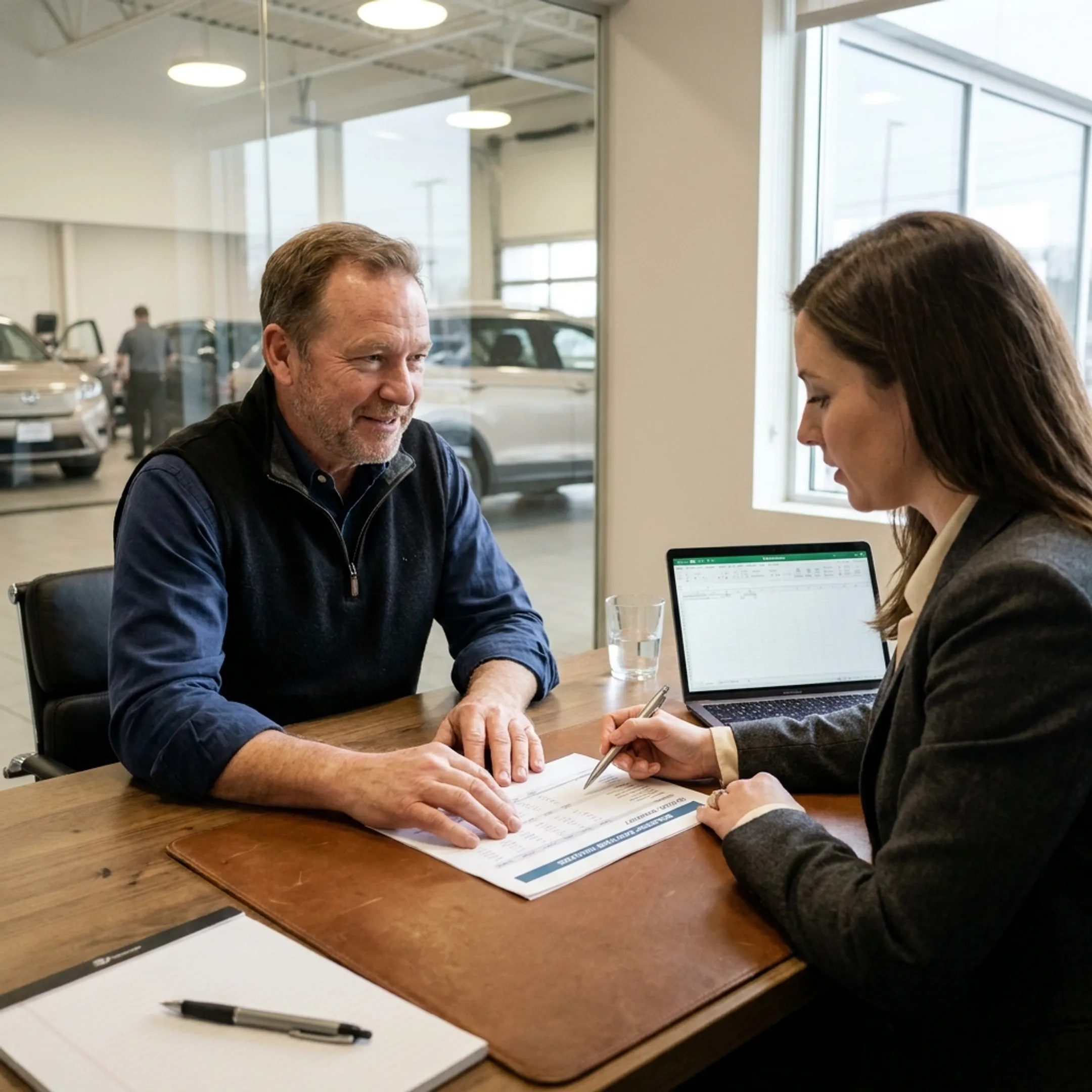 Automotive business owner discussing financing options with a financial advisor