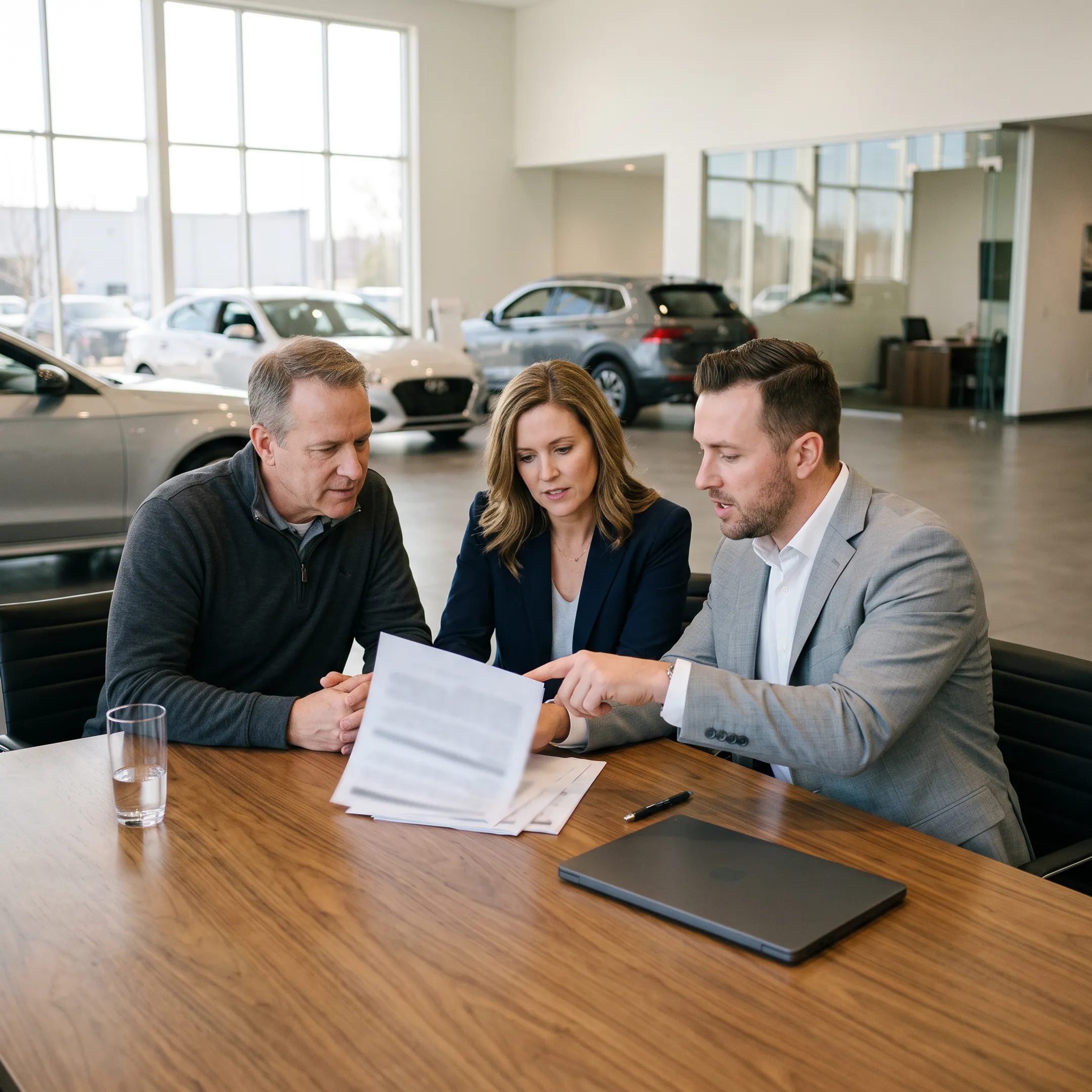 Auto dealership team reviewing business financing documents beside vehicle inventory
