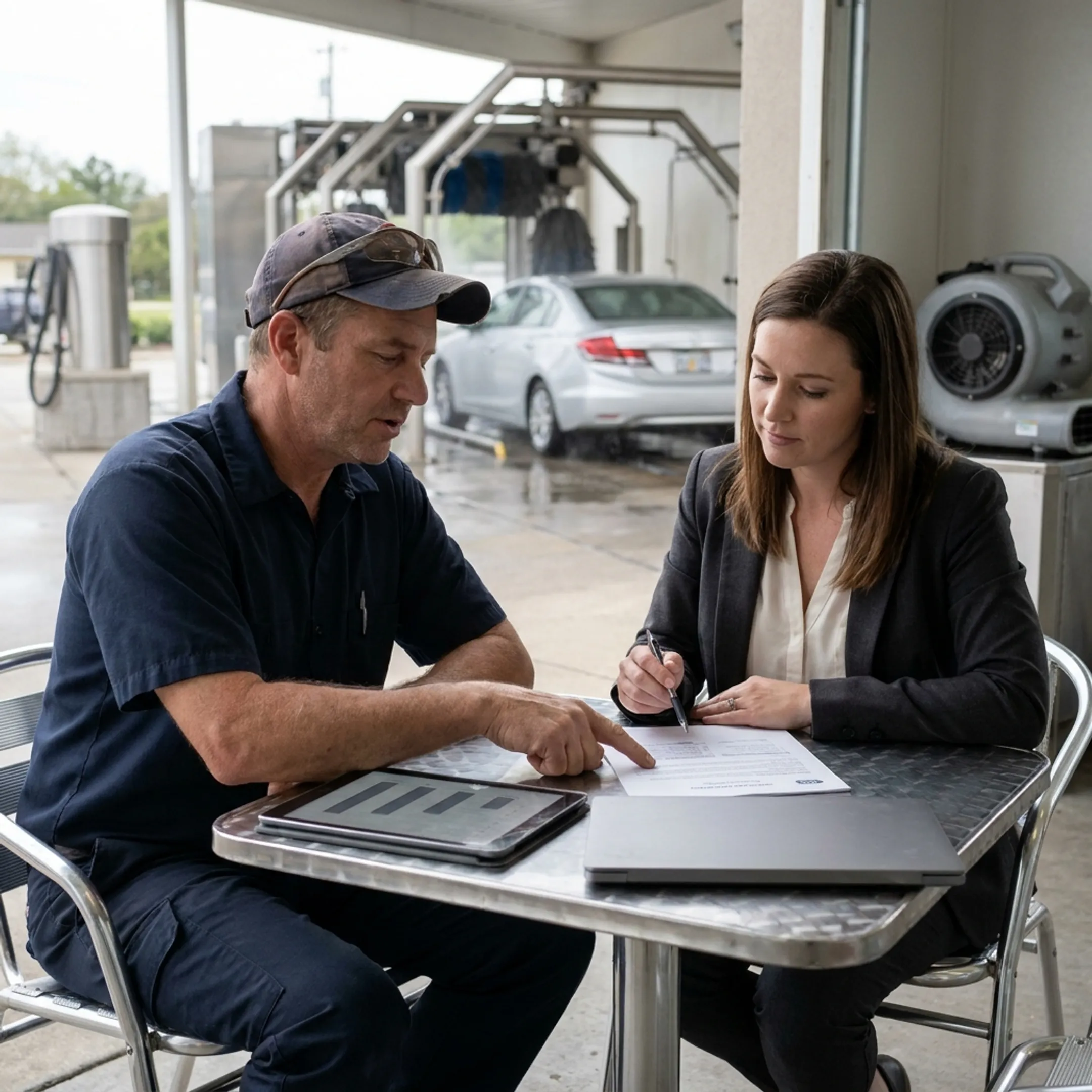 Car wash operator discussing business funding with a financial advisor