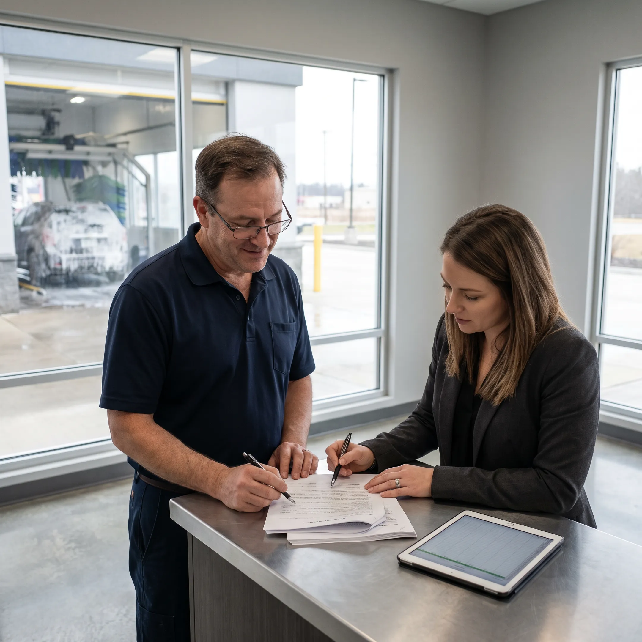 Car wash owner reviewing financing documents beside a modern wash facility