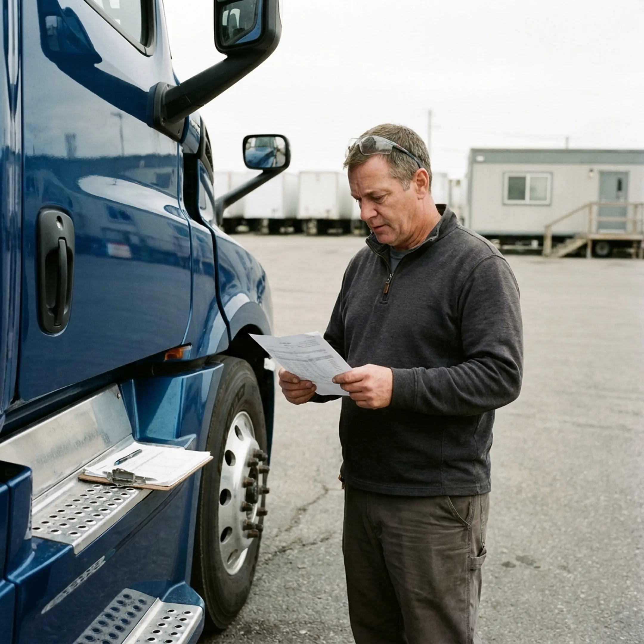 Trucking company owner reviewing business financing beside a commercial truck