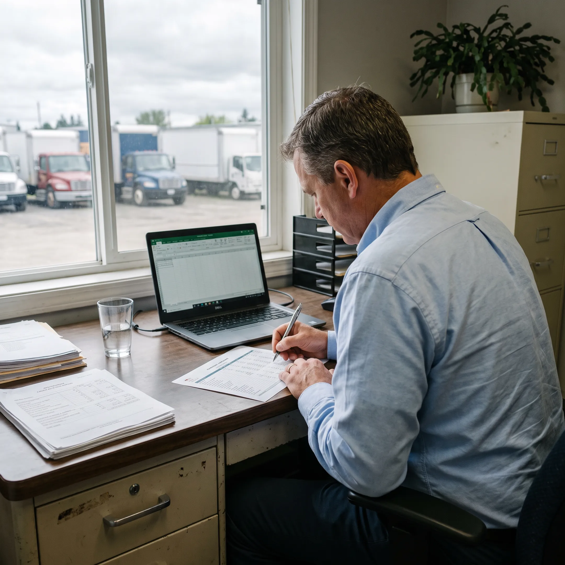 Transportation business manager planning cash flow with truck fleet paperwork