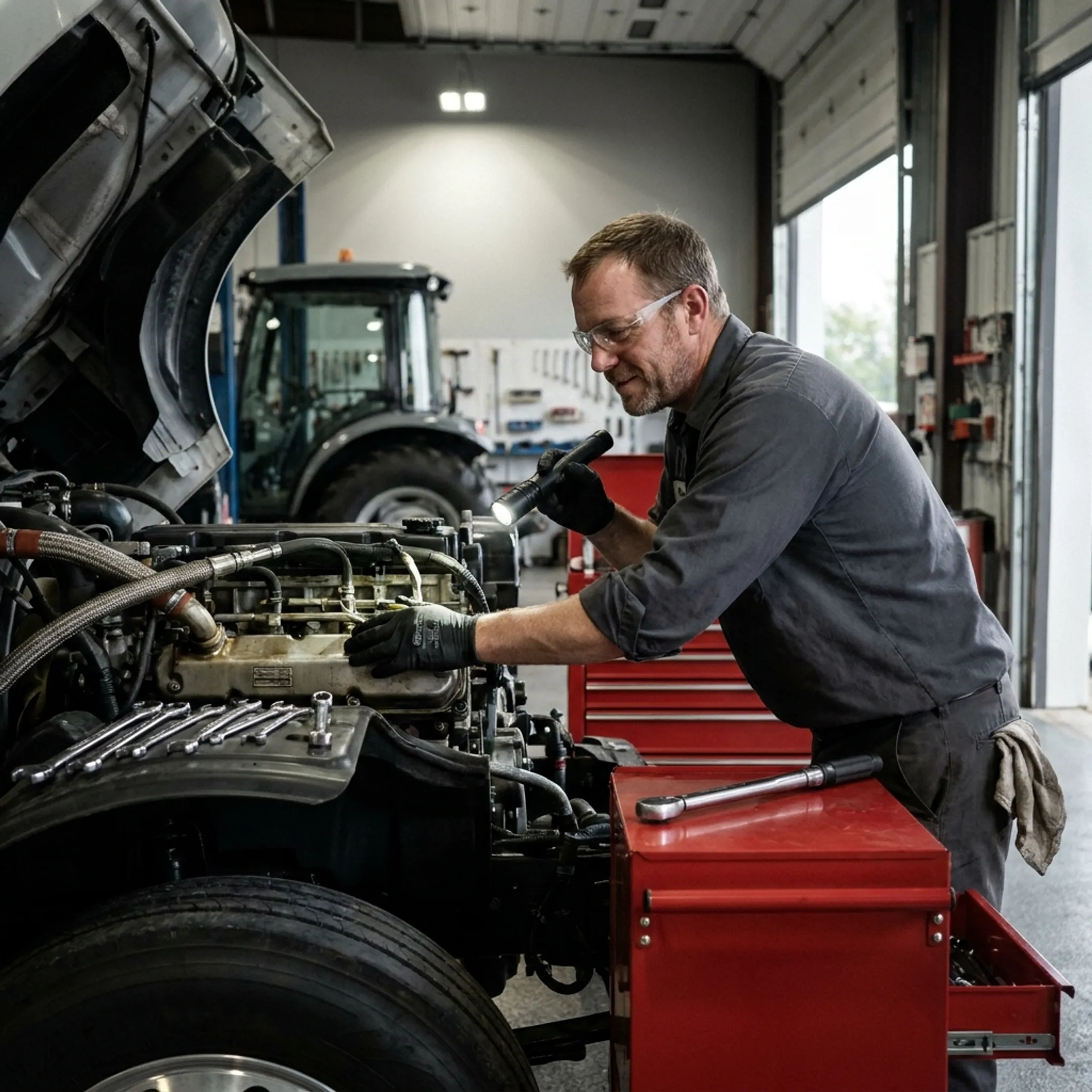 Semi truck parked at a repair facility while a technician works near the engine