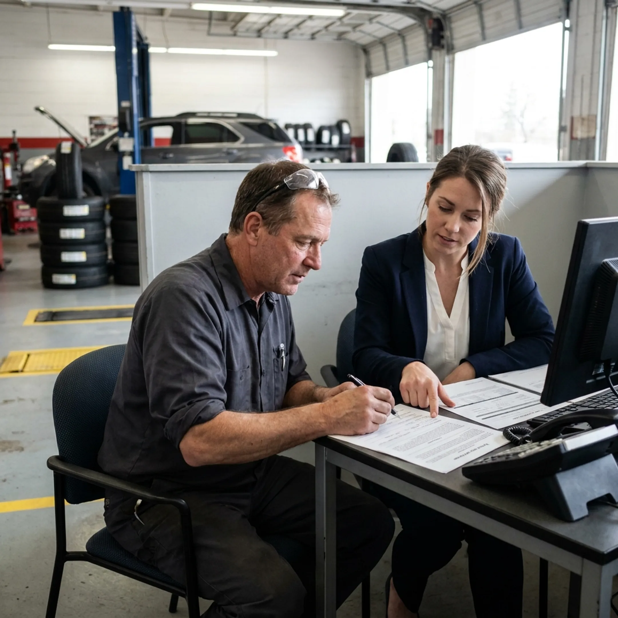 Tire shop owner reviewing business financing documents beside a service bay