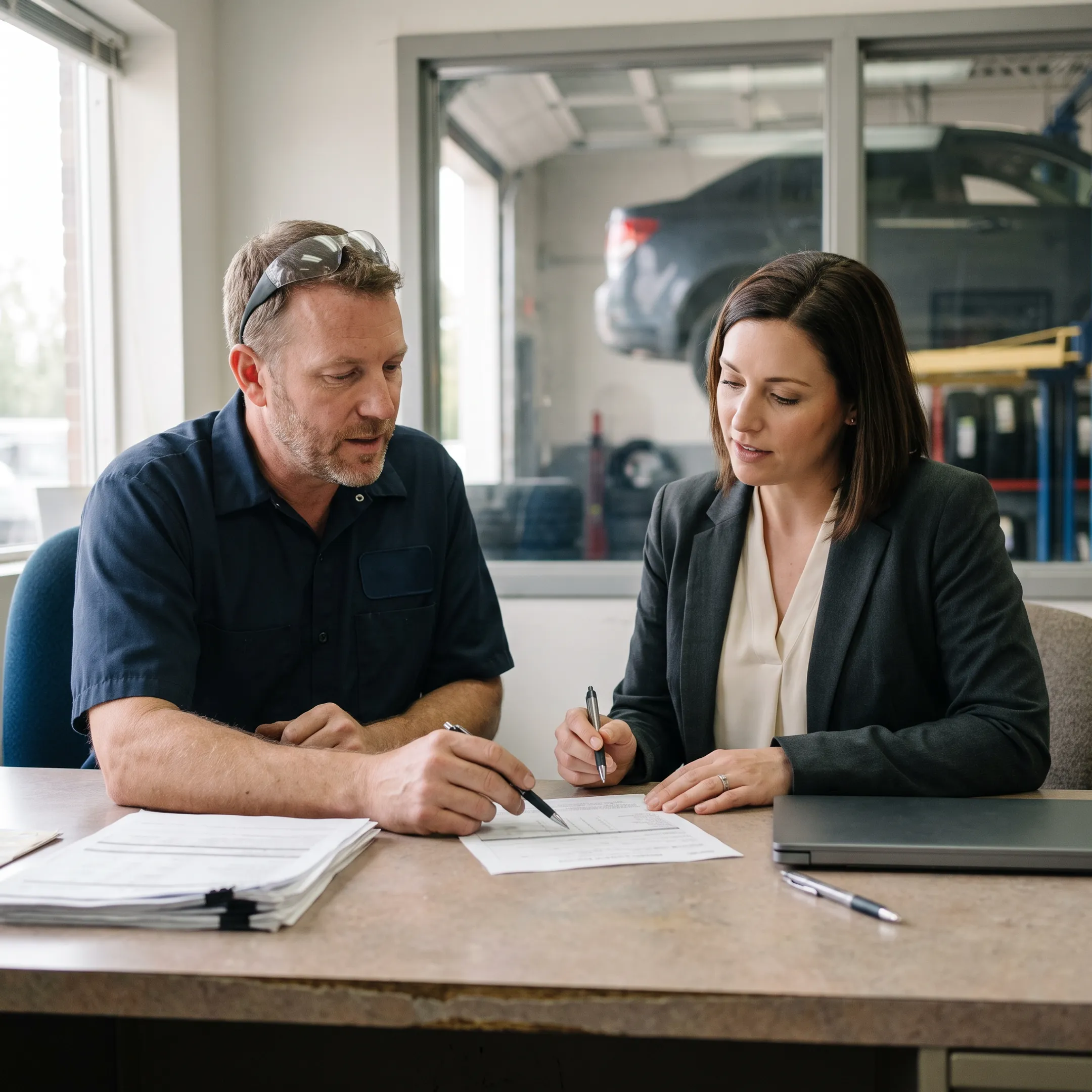 Tire shop manager reviewing working capital options with a financing advisor