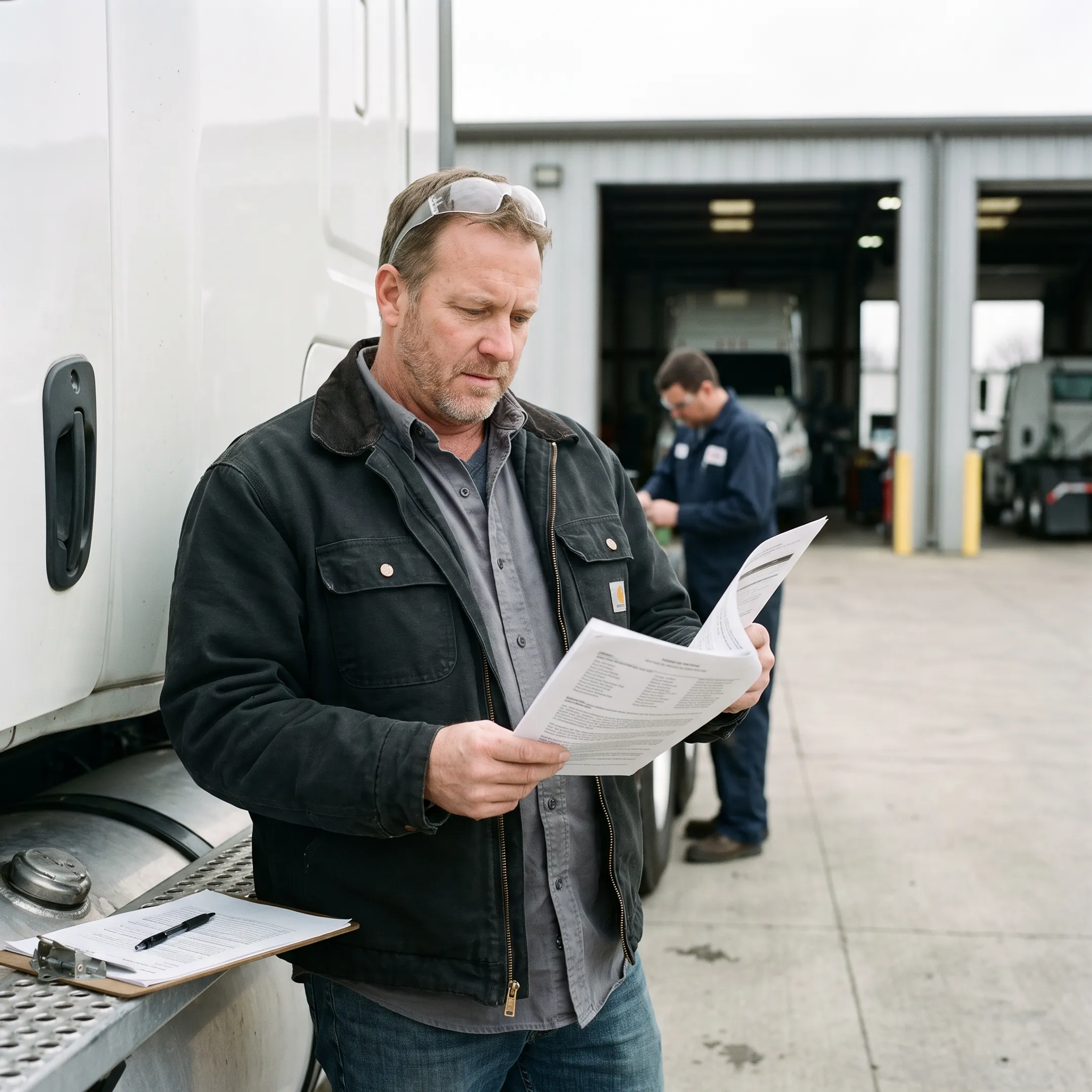 Trucking business owner reviewing repair financing paperwork beside a semi truck