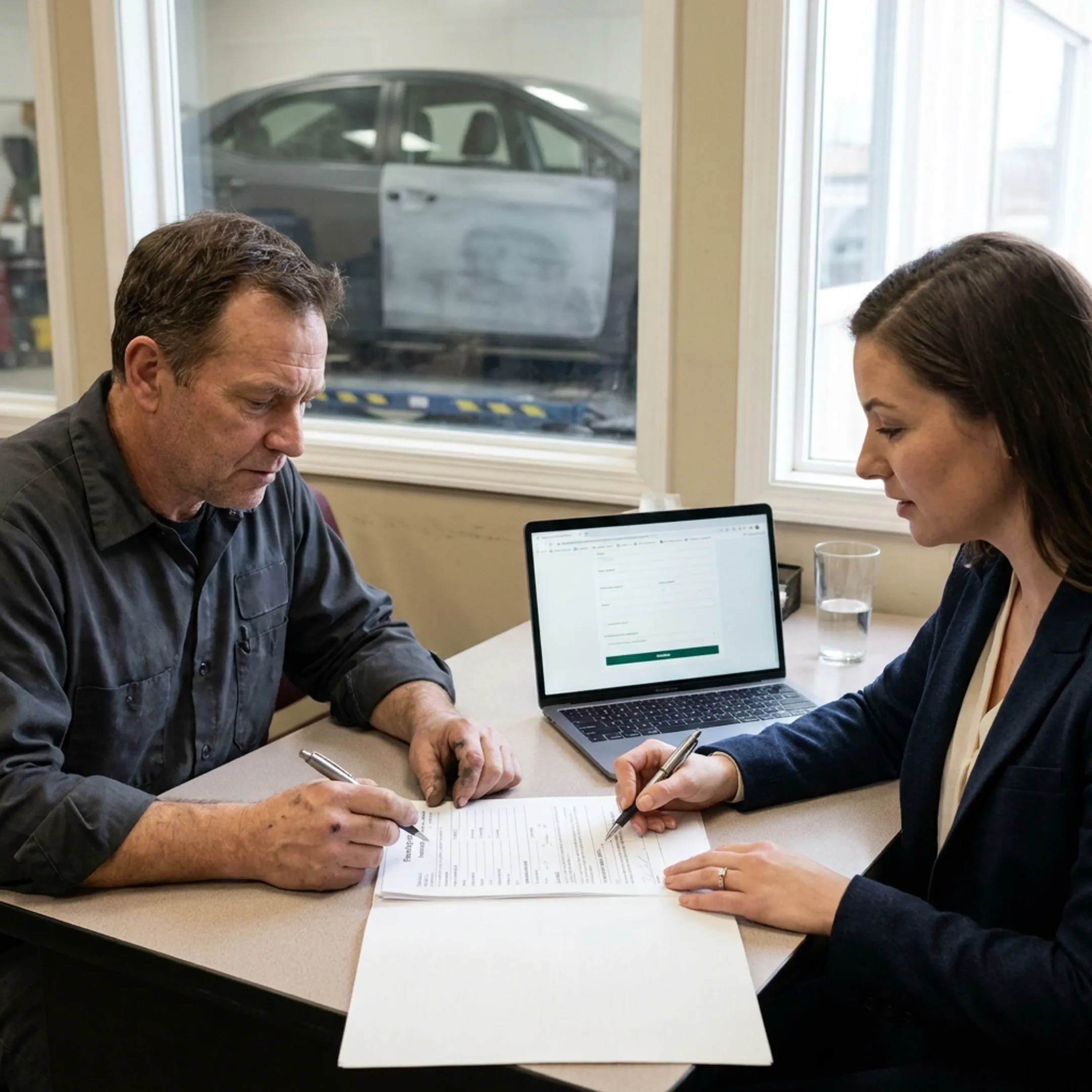 Business owner completing an auto body shop financing application