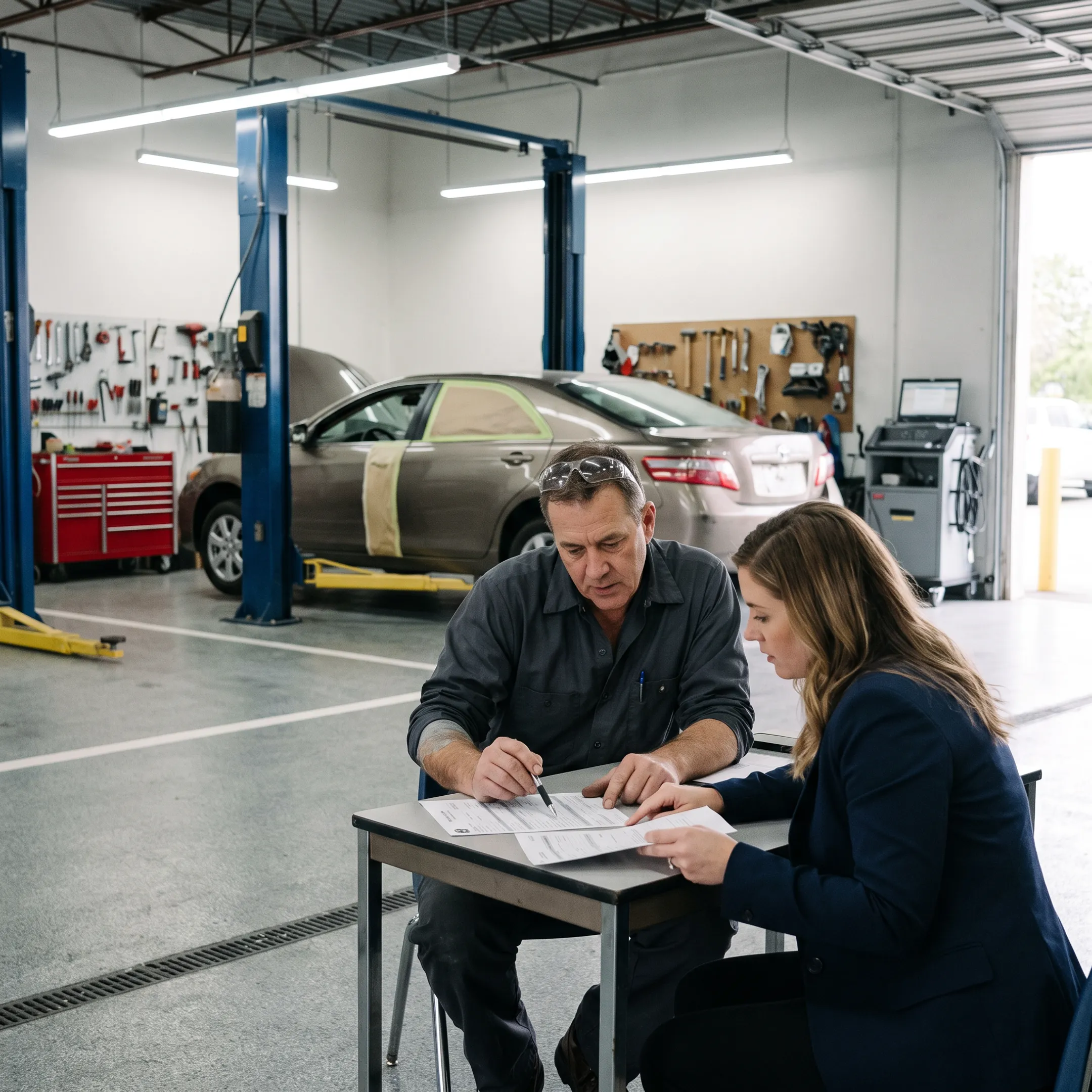 Auto body shop owner reviewing business financing options beside a vehicle repair bay