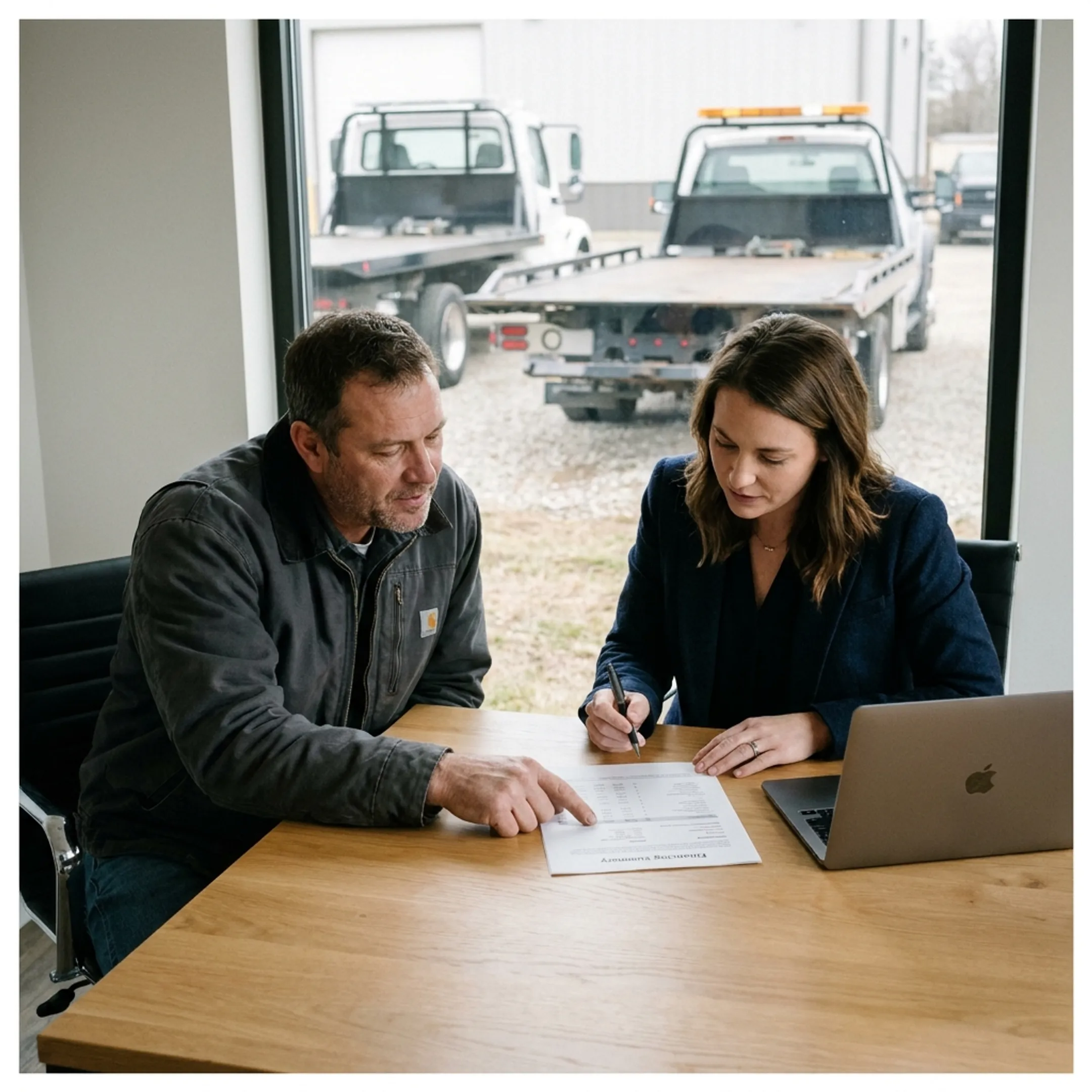 Tow truck business owner reviewing financing options with an advisor