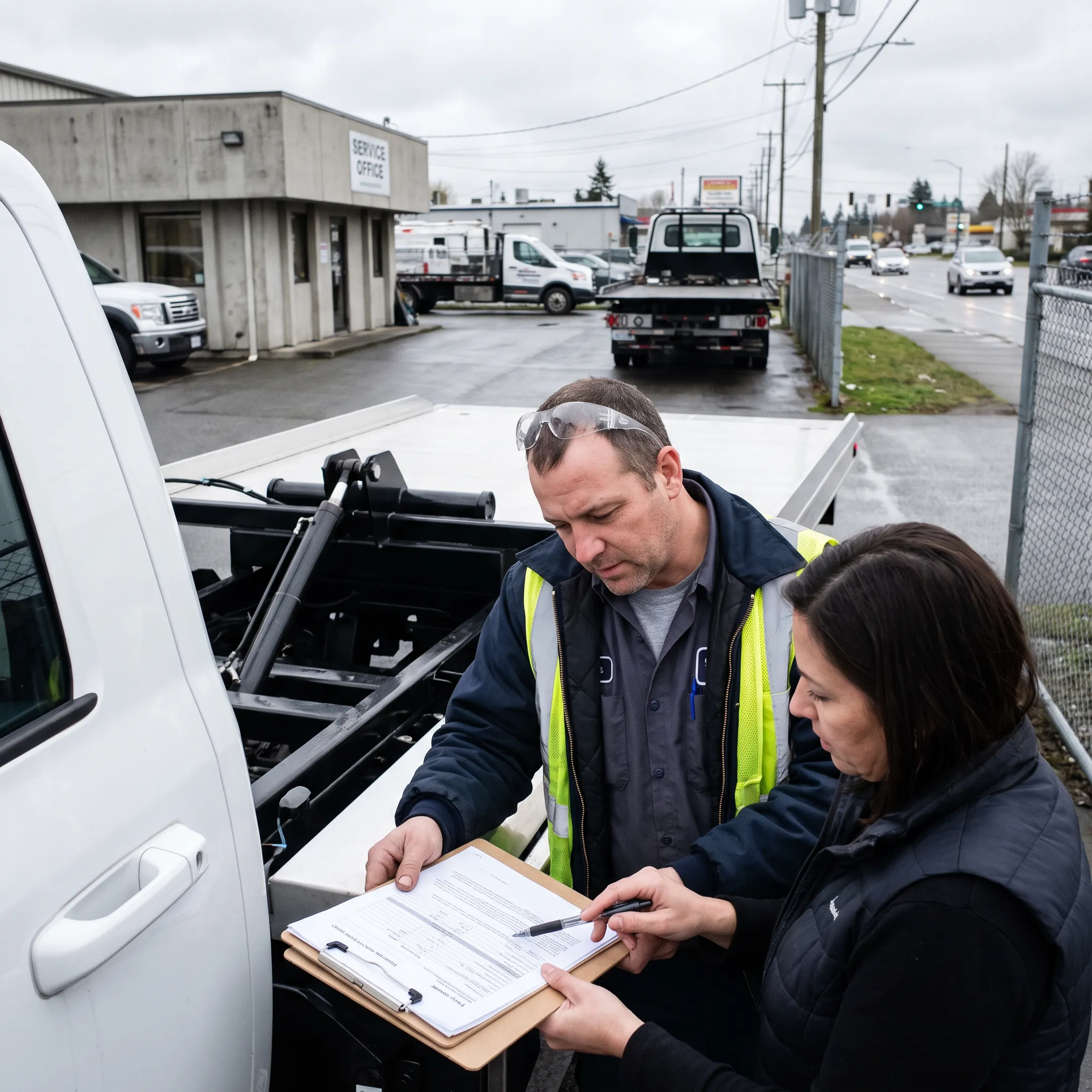 Tow truck operator reviewing business financing documents beside a commercial vehicle