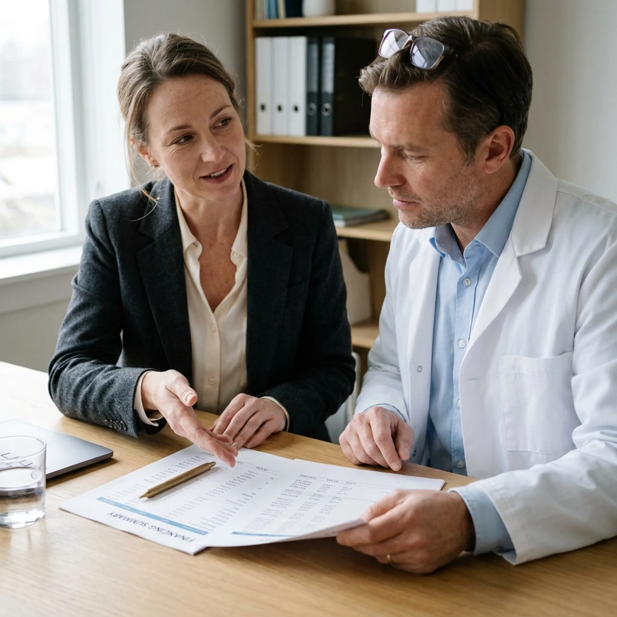 Pharmacy operator discussing business funding with financial advisor
