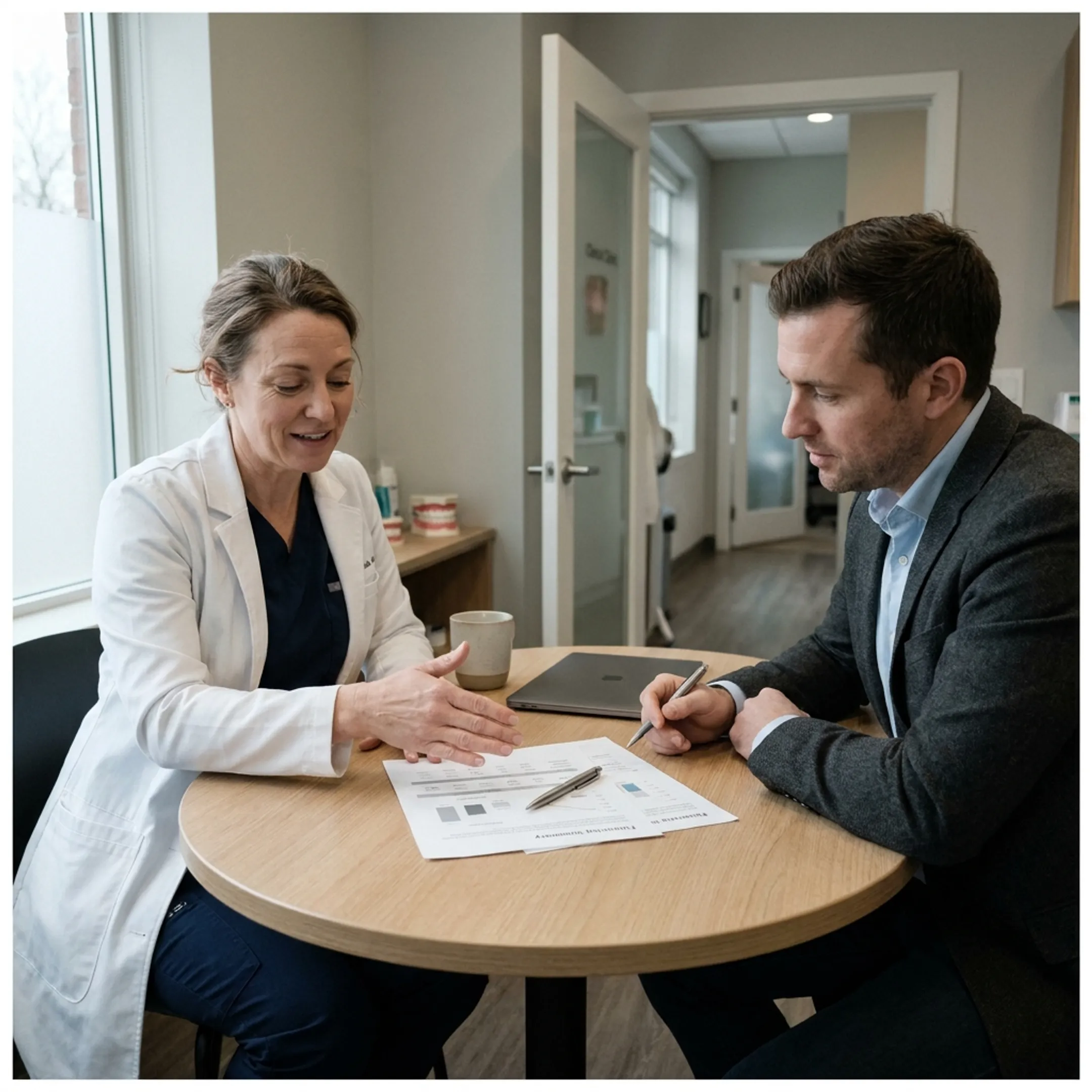 Dental practice owner reviewing financing options with an advisor