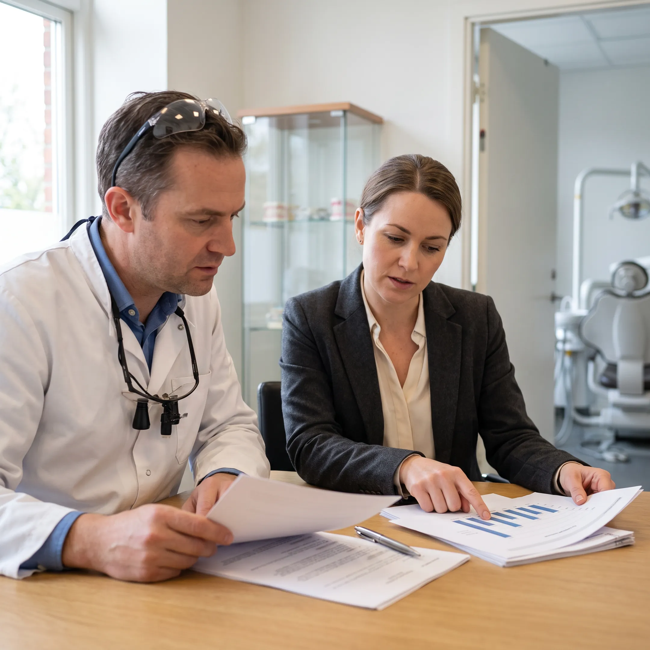 Dentist reviewing practice financing documents at a modern dental office