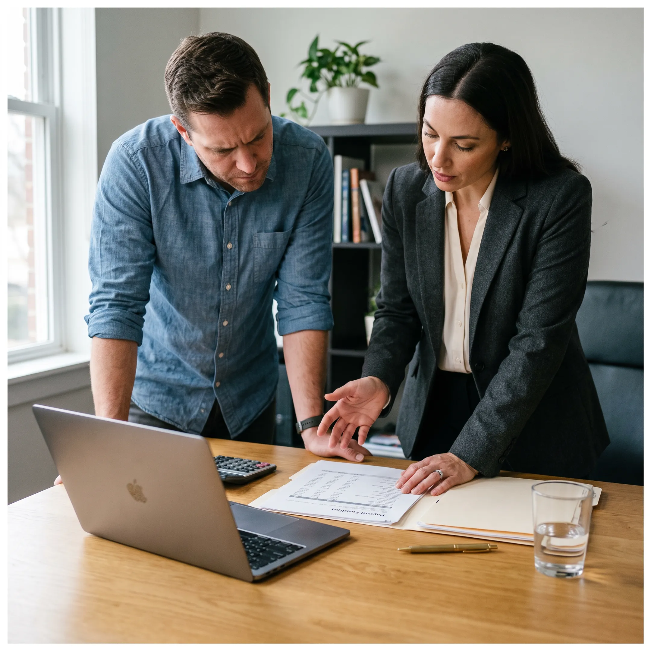 Small business owner reviewing payroll financing documents with an advisor