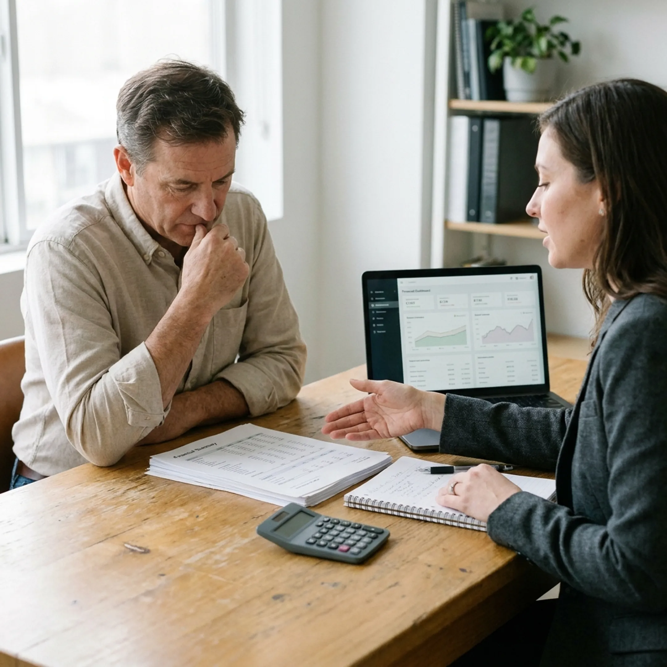 Business owner planning cash flow with financing advisor