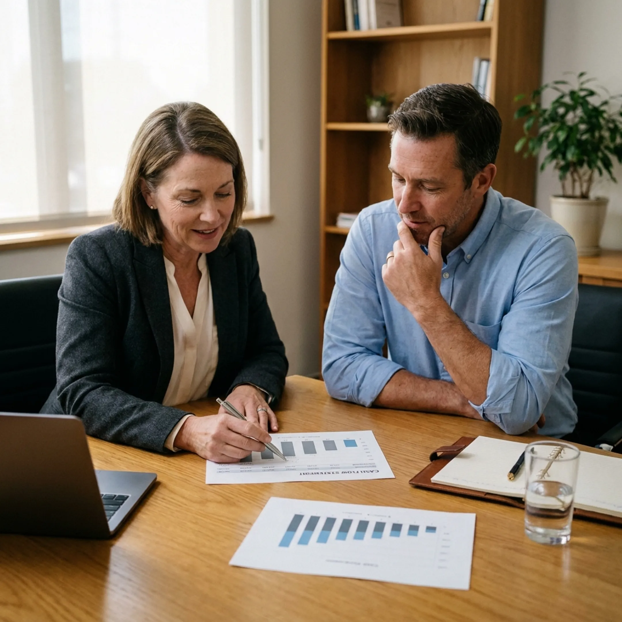 Entrepreneur discussing unsecured business funding with financial consultant