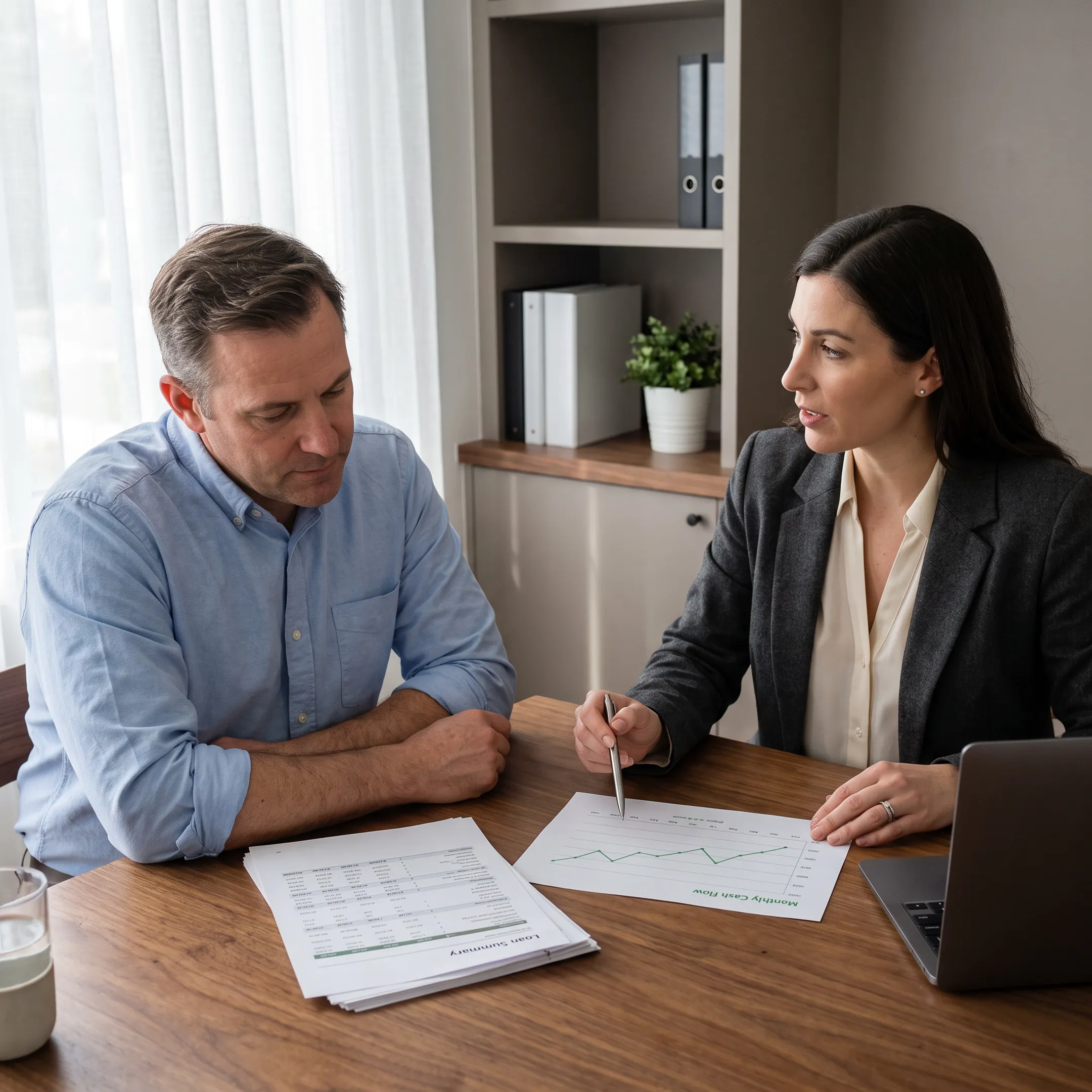 Business owner reviewing unsecured financing options with advisor at a desk