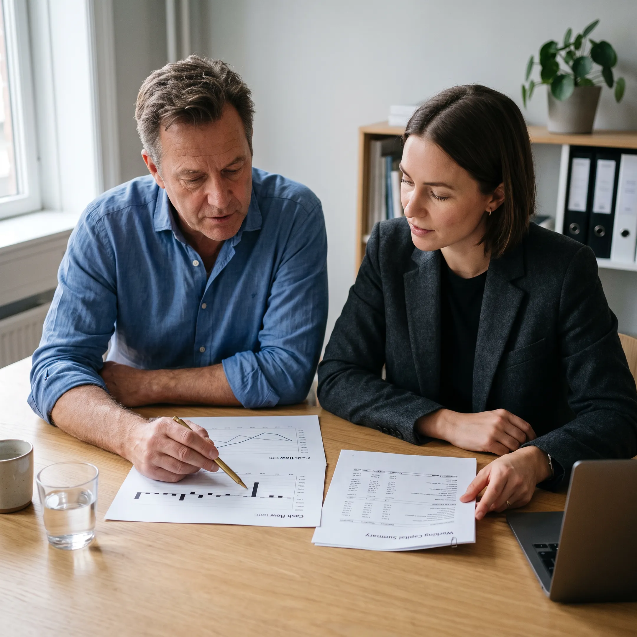Business owner planning cash flow with funding specialist