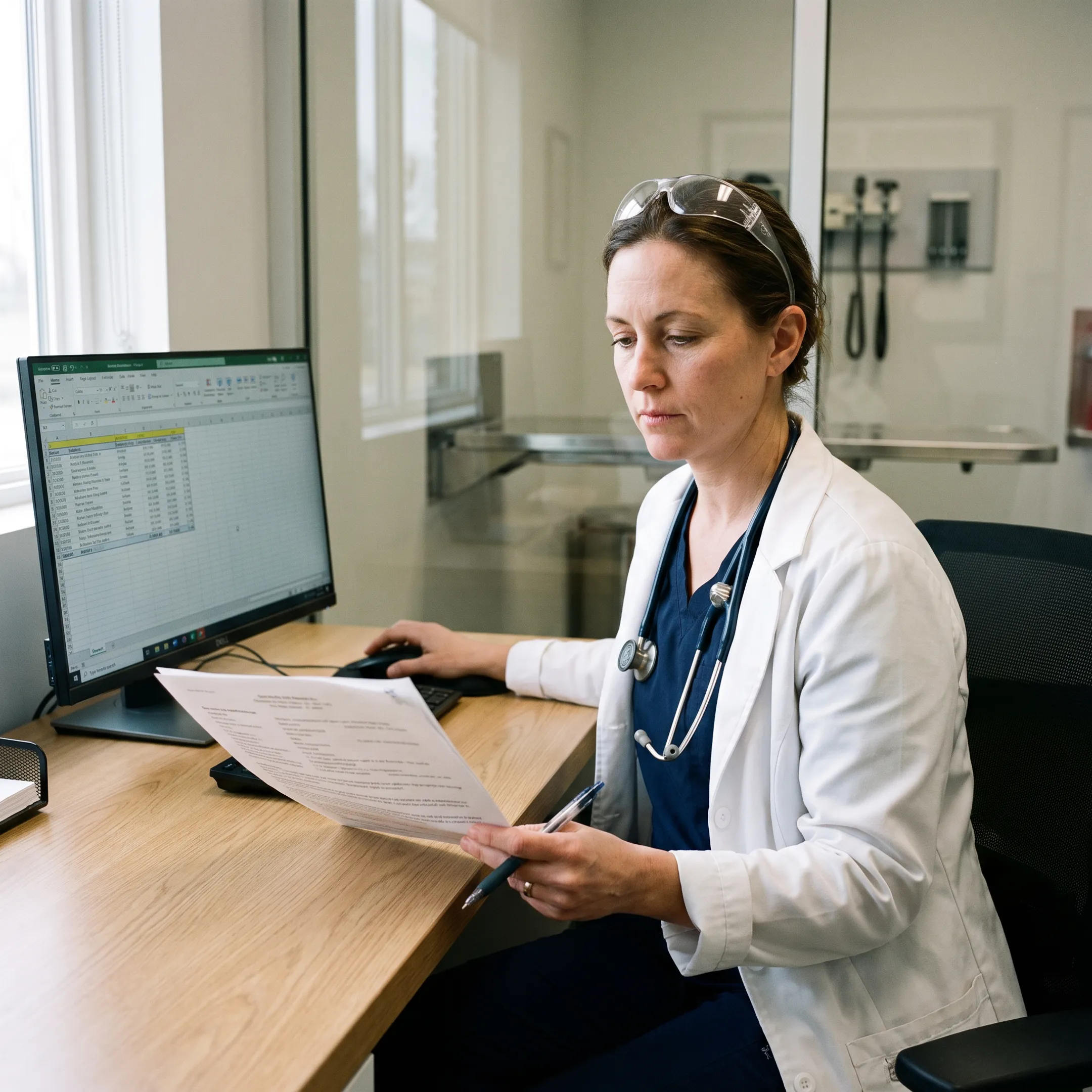 Veterinarian reviewing practice financing documents at a clinic desk