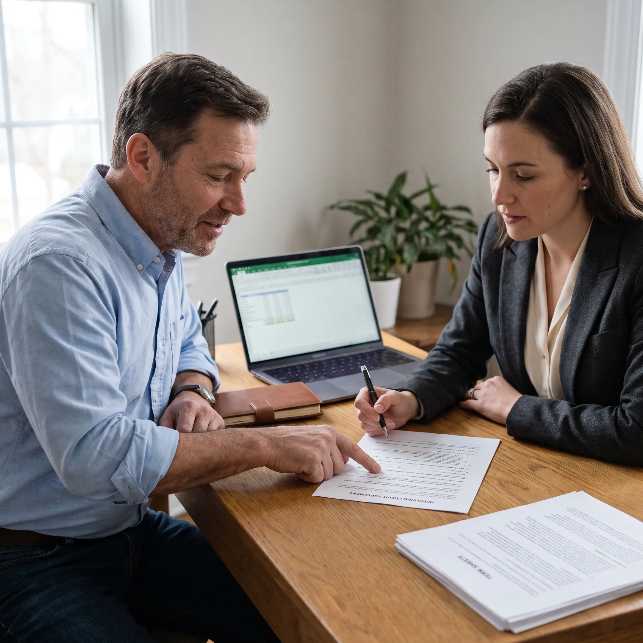 Business owner reviewing a flexible line of credit with a financial advisor