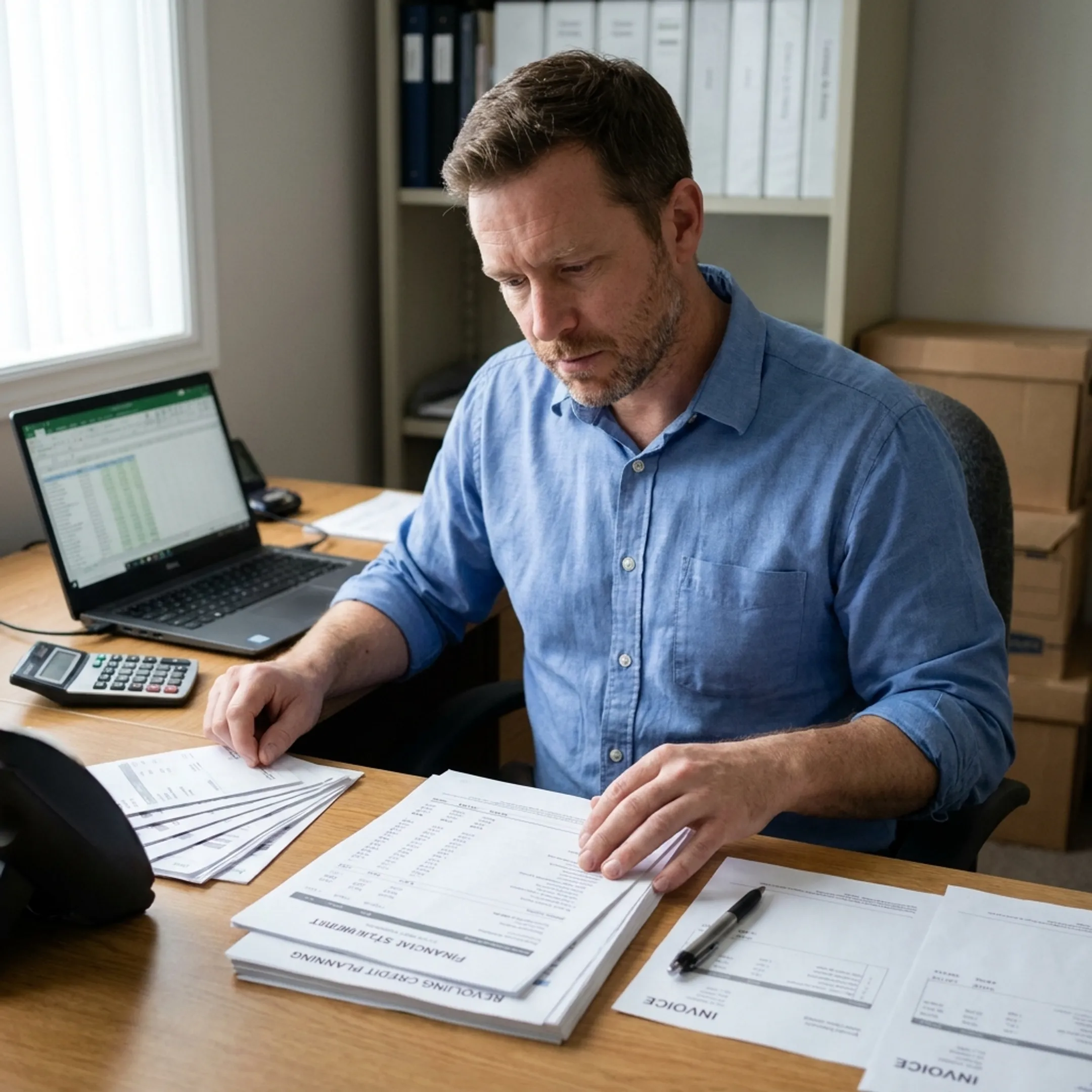 Entrepreneur reviewing business funding options and cash flow records