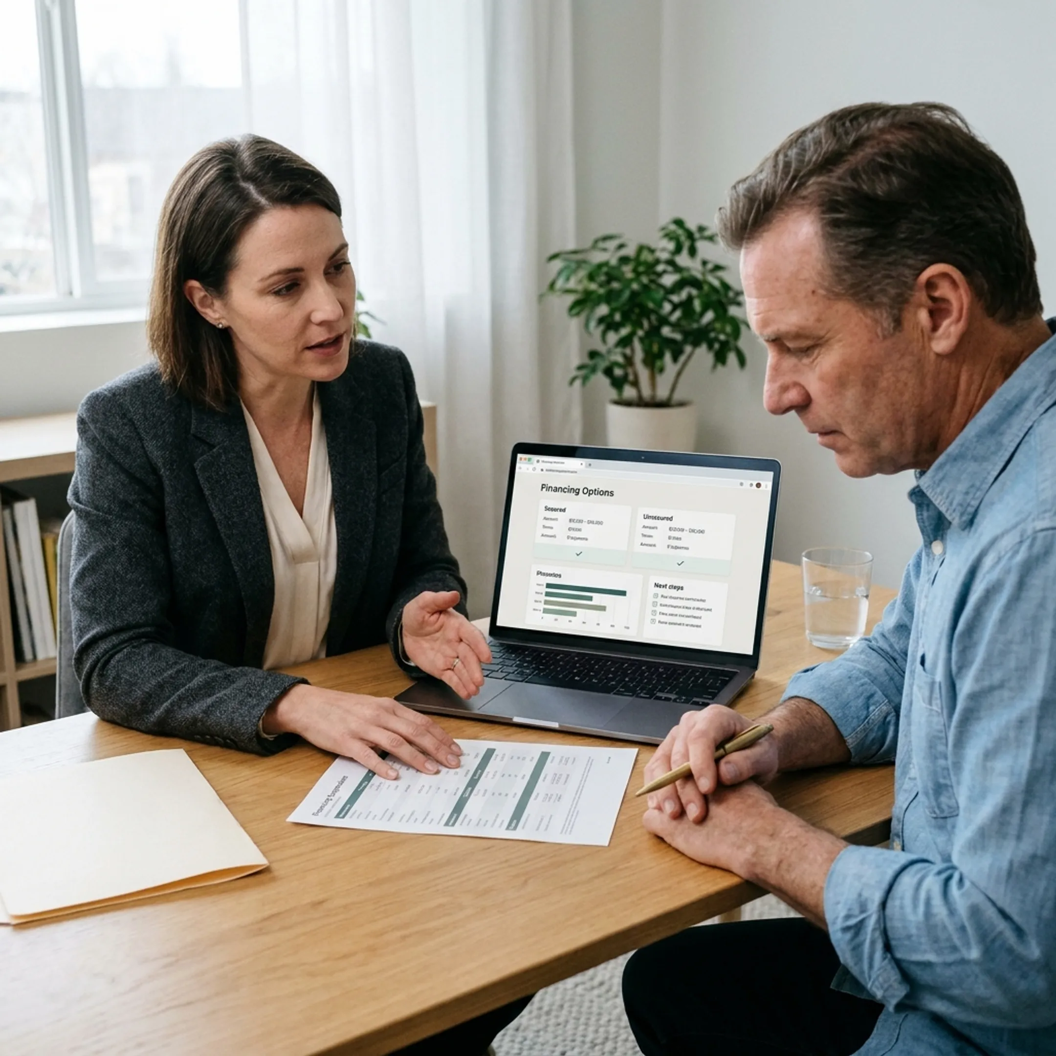 Advisor explaining secured and unsecured business financing options