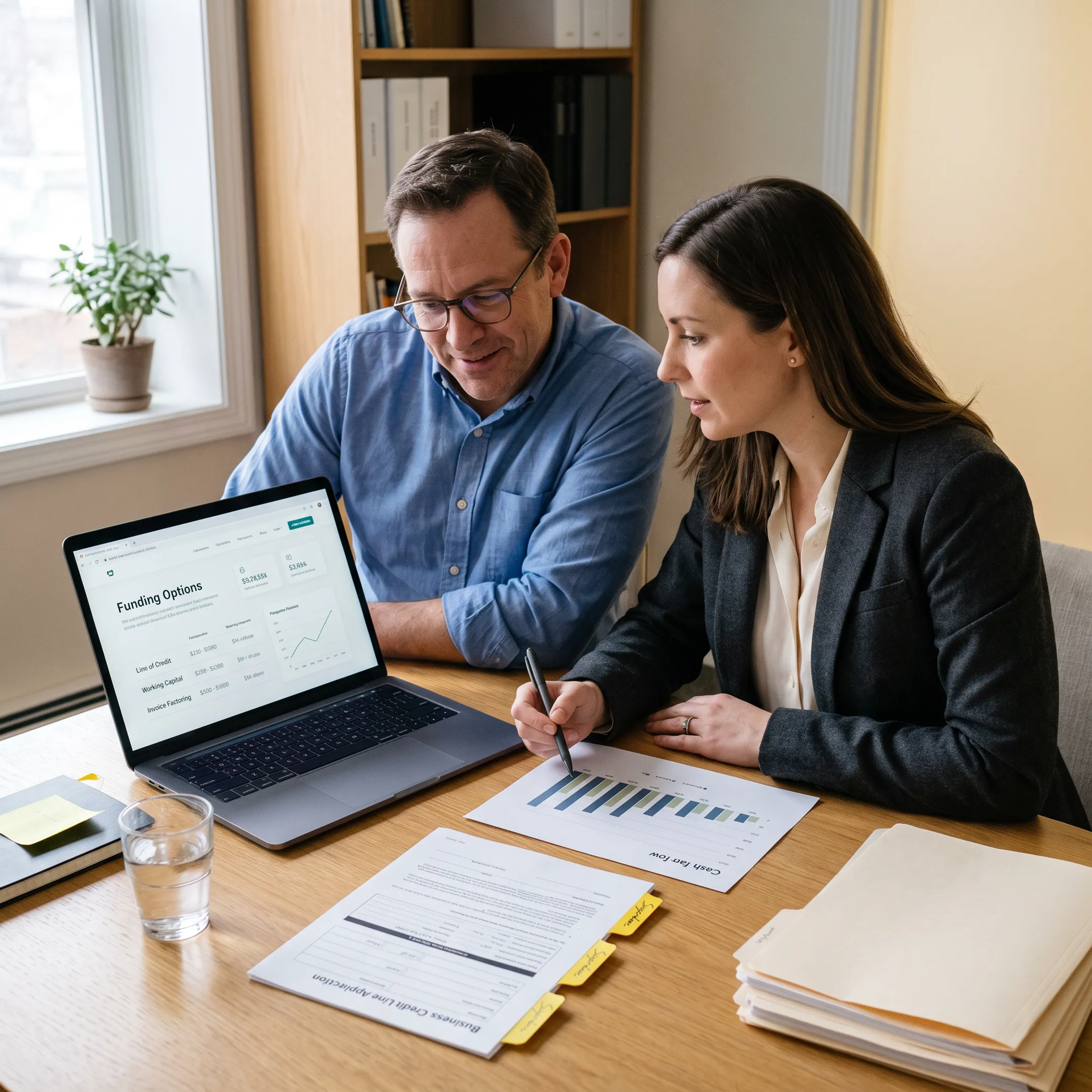 Business owner reviewing a flexible line of credit application with a financial advisor